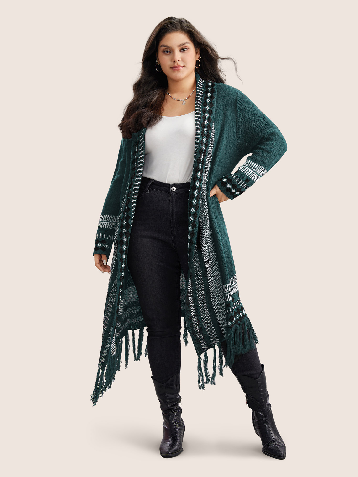 

Plus Size Bandana Print Fringe Trim Maxi Cardigan Teal Women Casual Long Sleeve Everyday Cardigans BloomChic