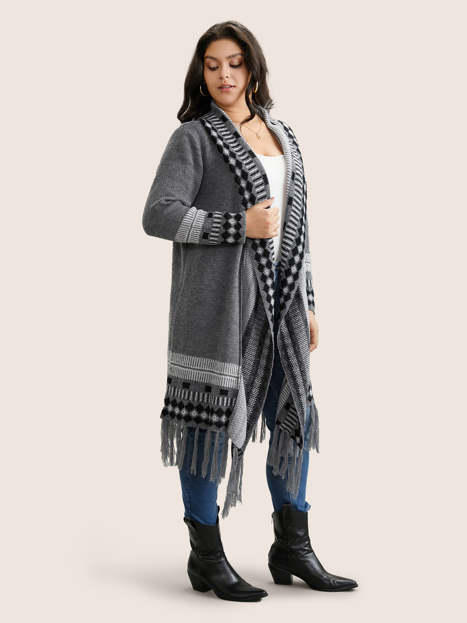 Plus Size Bandana Print Fringe Trim Maxi Cardigan Gray Women Casual Long Sleeve Everyday Cardigans BloomChic 30/6X 