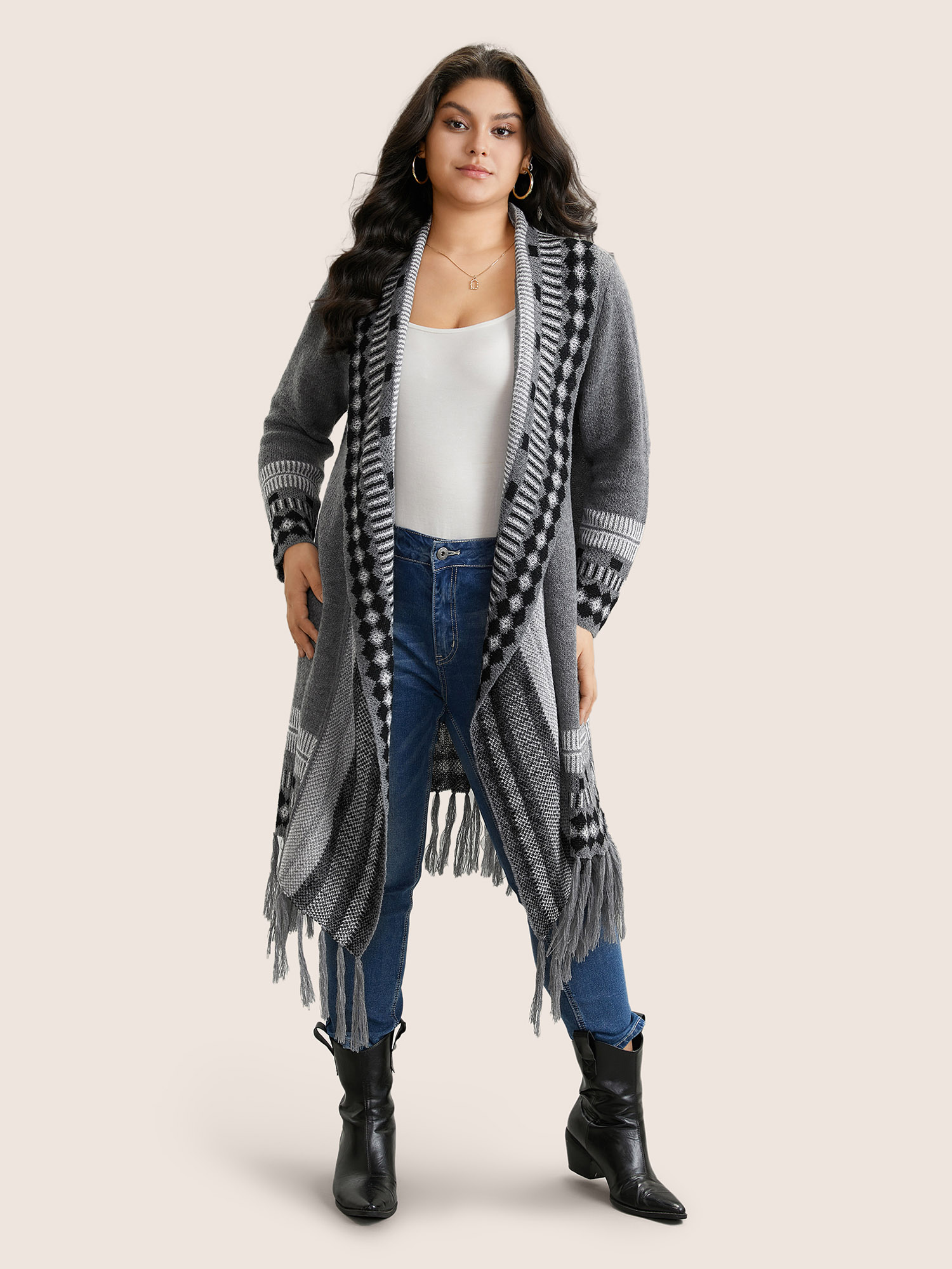 Plus Size Bandana Print Fringe Trim Maxi Cardigan Gray Women Casual Long Sleeve Everyday Cardigans BloomChic 30/6X 