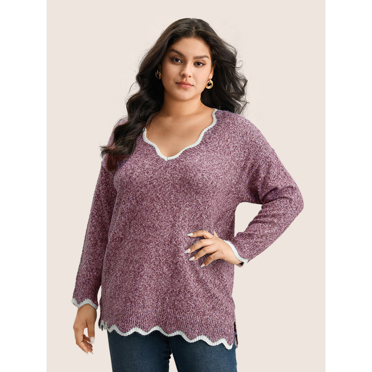 

Plus Size Contrast Split Side Scalloped Trim Pullover RedViolet Women Casual Long Sleeve V-neck Everyday Pullovers BloomChic