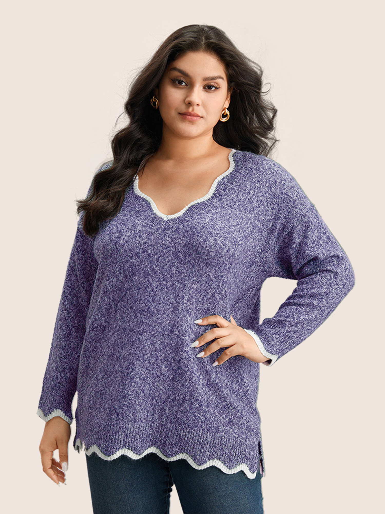 

Plus Size Contrast Split Side Scalloped Trim Pullover DarkViolet Women Casual Long Sleeve V-neck Everyday Pullovers BloomChic