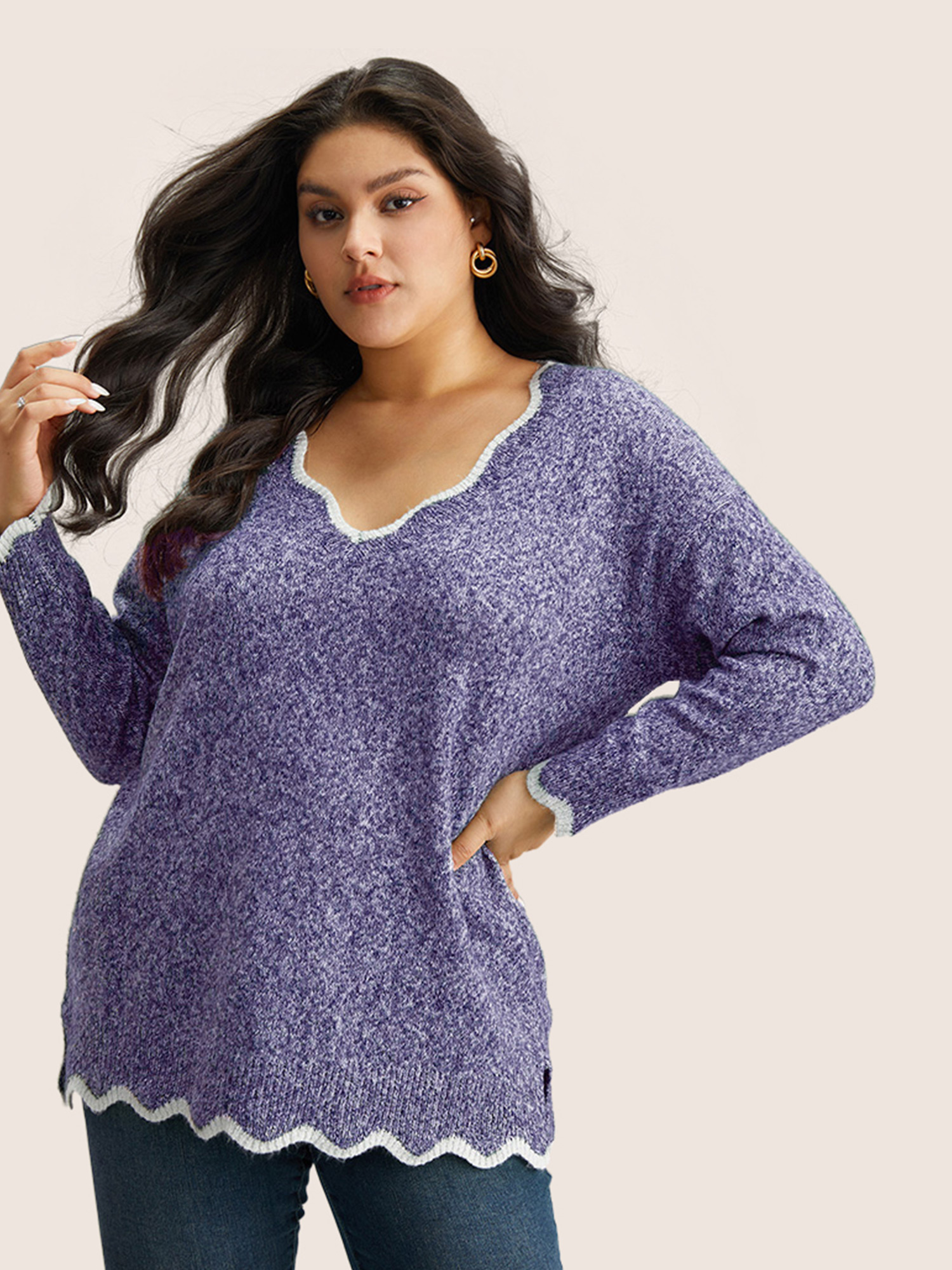 

Plus Size Contrast Split Side Scalloped Trim Pullover DarkViolet Women Casual Long Sleeve V-neck Everyday Pullovers BloomChic