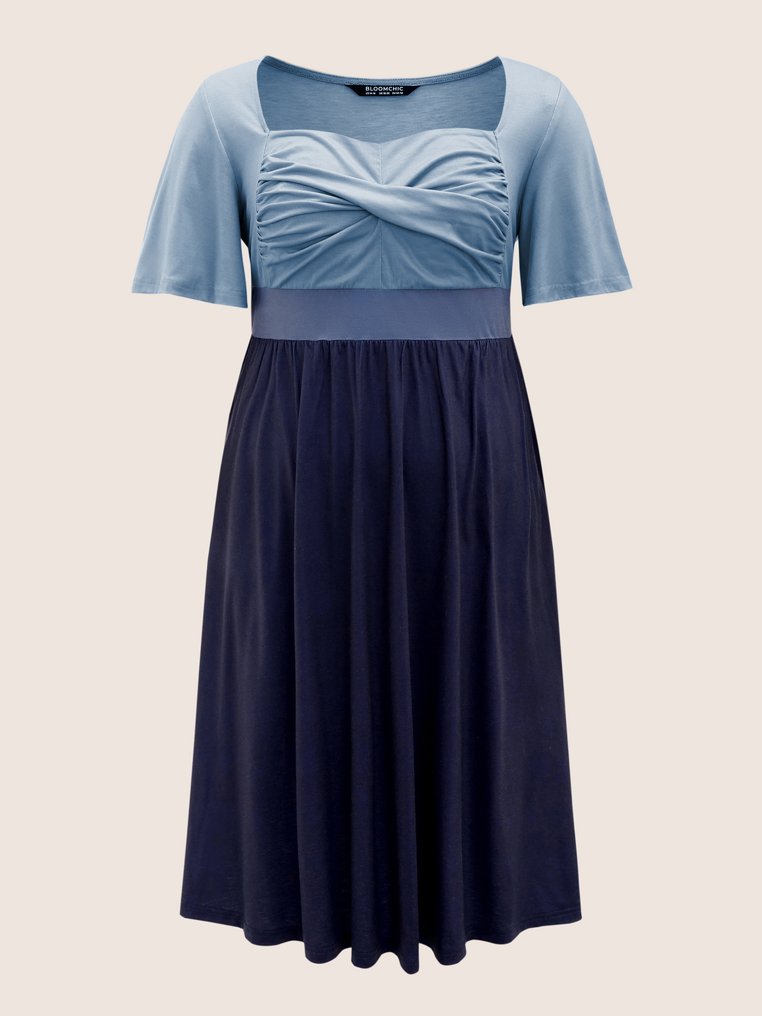 Plus Size Square Neck Colorblock Contrast Twist Front Dress Navy Women Casual Twist Square Neck Short sleeve Curvy Midi Dress BloomChic 14-16/1X 