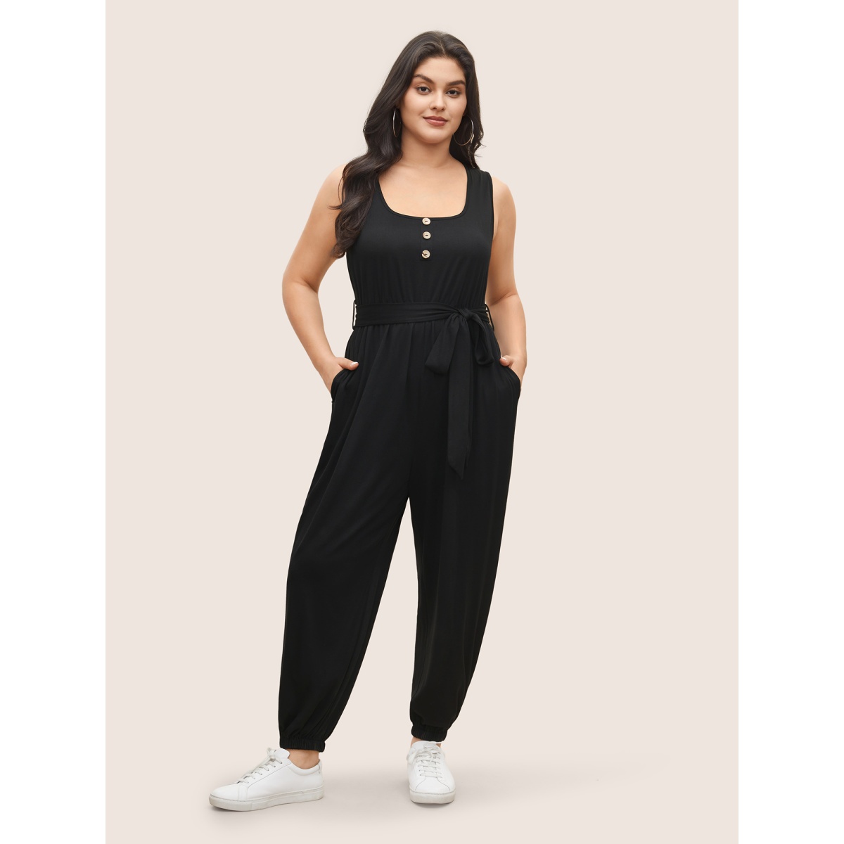 

Plus Size Black Supersoft Essentials Plain Button Detail Belted Jumpsuit Women Casual Sleeveless Non Everyday Loose Jumpsuits BloomChic