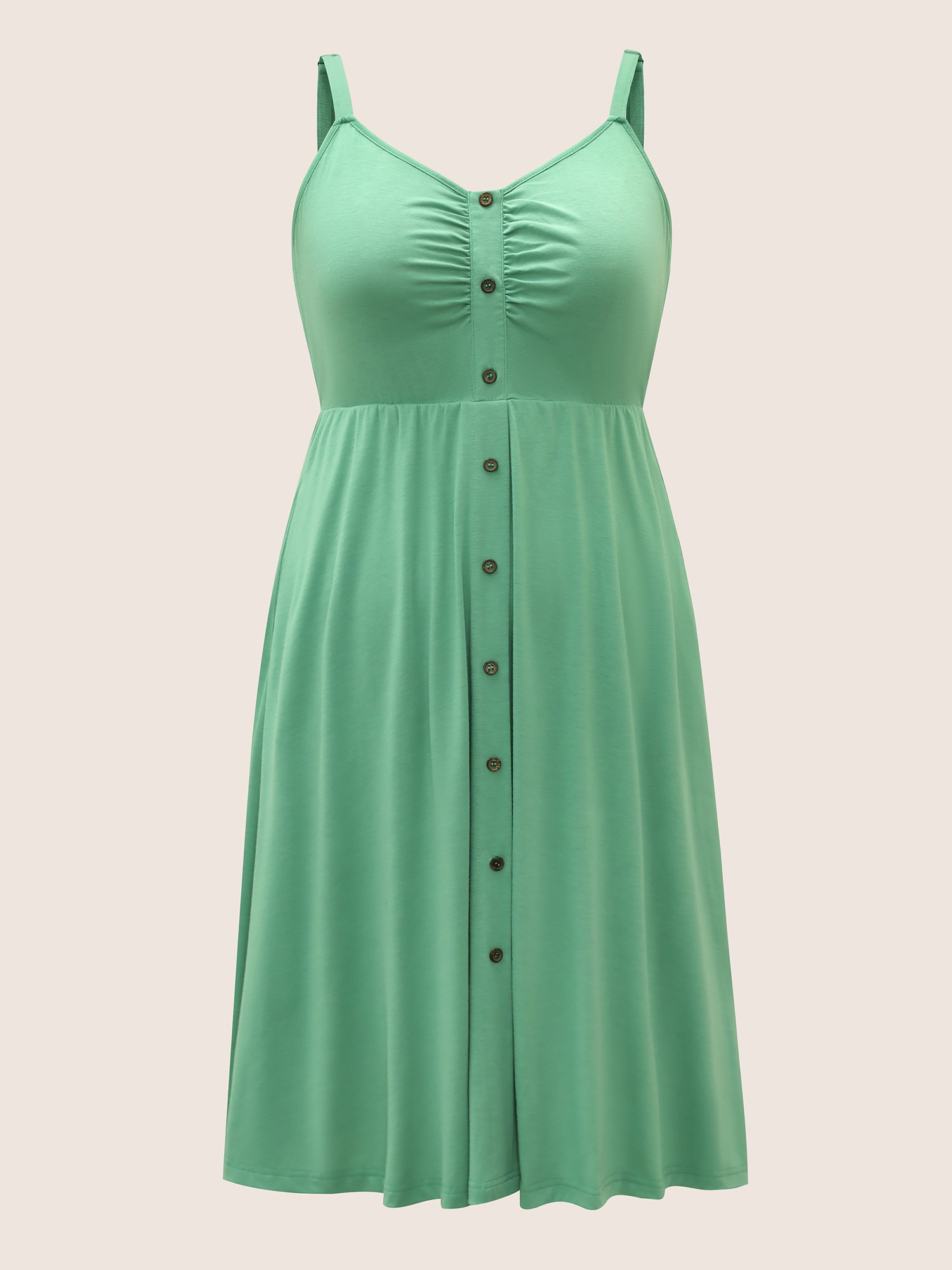 

Plus Size Solid Ruched Button Detail Adjustable Straps Dress Mint Women Non V-neck Curvy Midi Dress BloomChic