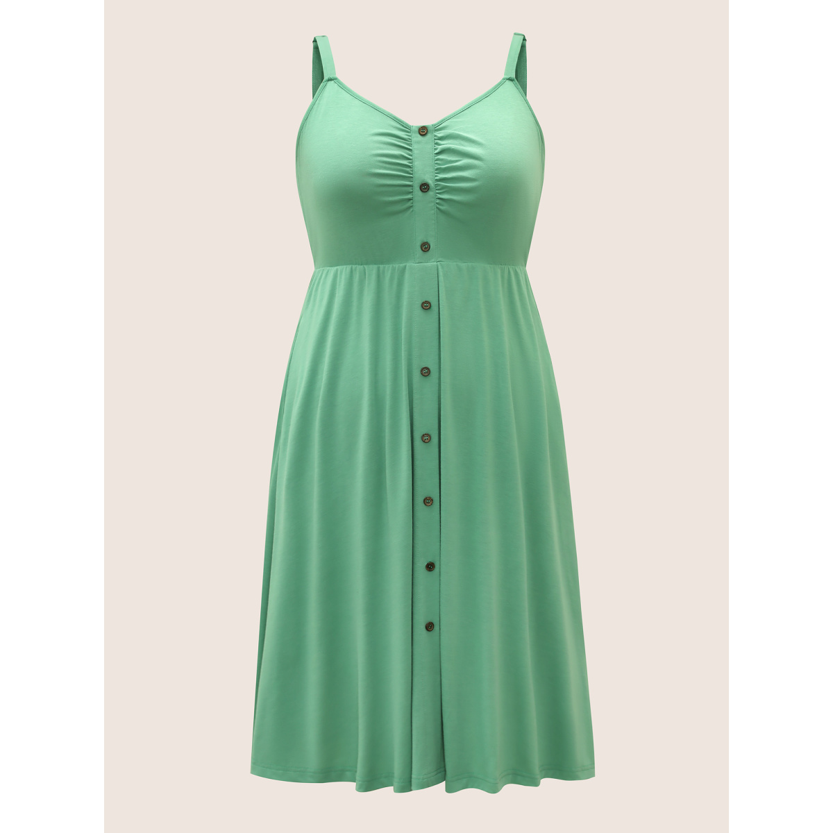 

Plus Size Solid Ruched Button Detail Adjustable Straps Dress Mint Women Non V-neck Curvy Midi Dress BloomChic