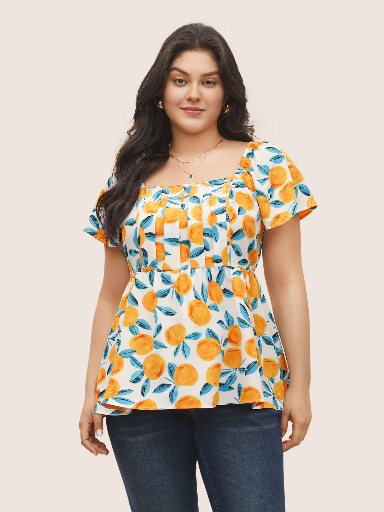 

Plus Size Ivory Citrus Square Neck Orange Print Pleated Blouse Women Elegant Short sleeve Square Neck Everyday Blouses BloomChic