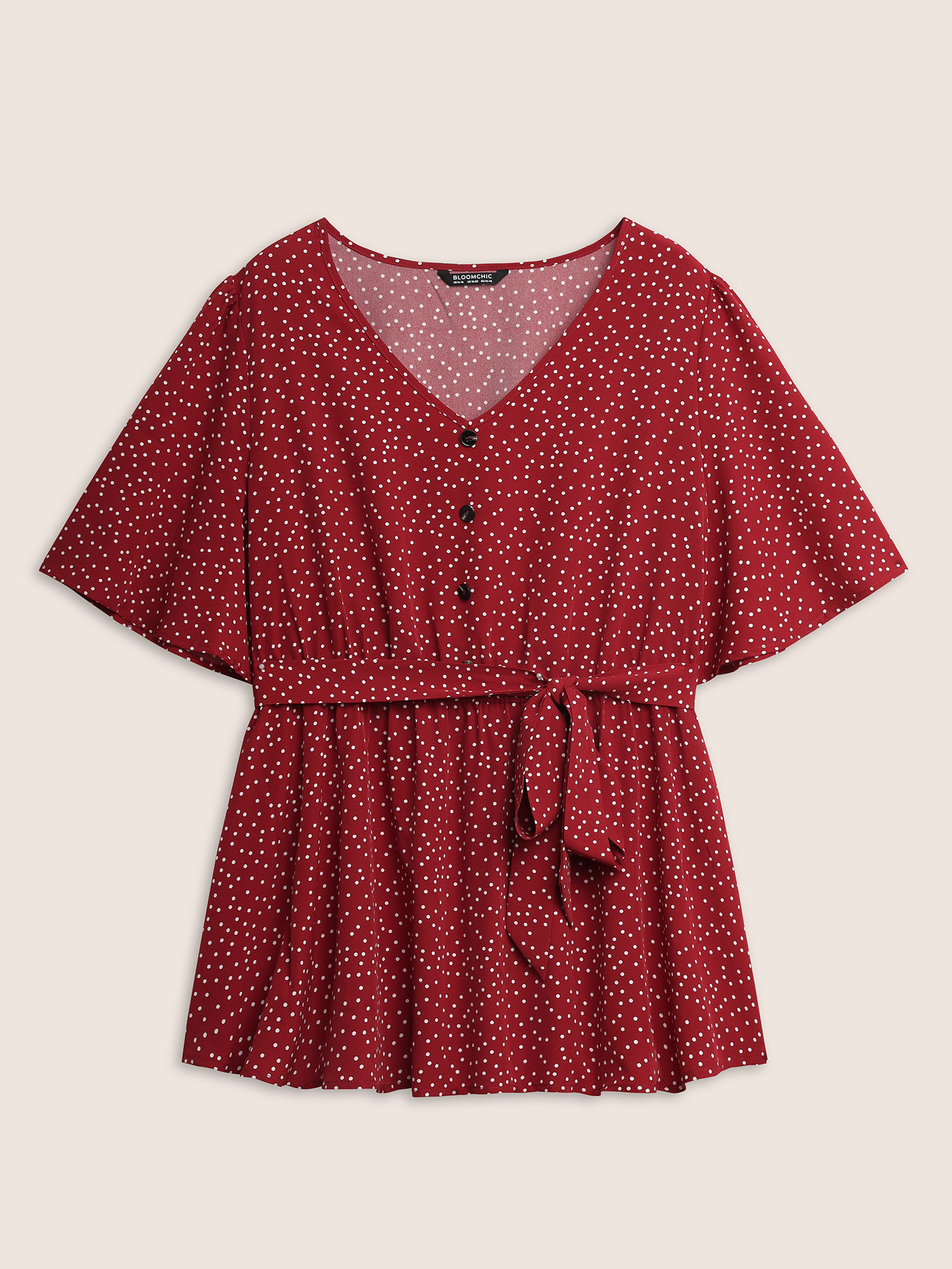 

Plus Size Scarlet Polka Dot Ties Button Detail Blouse Women Elegant Short sleeve V-neck Everyday Blouses BloomChic