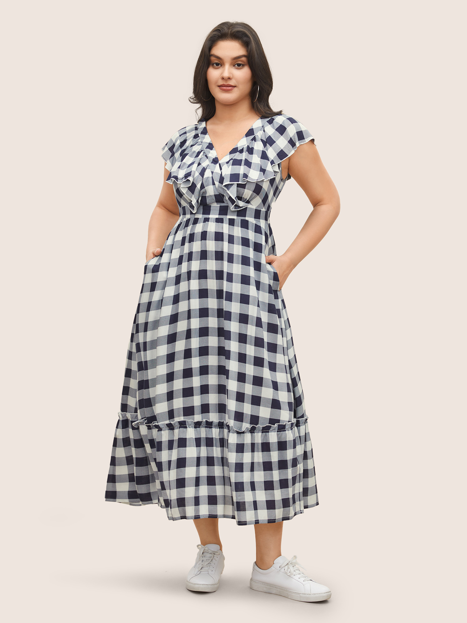 

Plus Size Plaid Elastic Waist Patchwork Ruffle Cap Sleeve Dress Blue Women Casual Non V-neck Cap Sleeve Curvy Midi Dress BloomChic