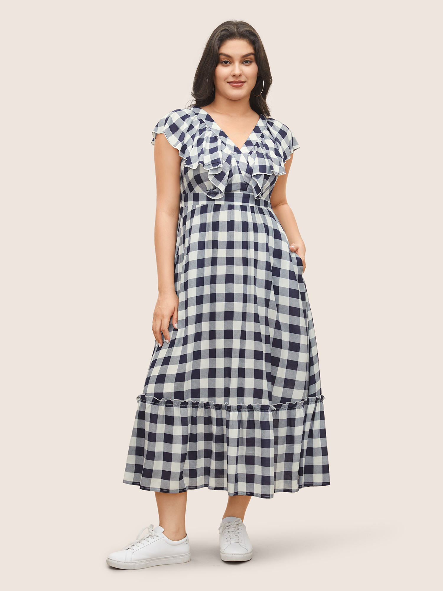 

Plus Size Plaid Elastic Waist Patchwork Ruffle Cap Sleeve Dress Blue Women Casual Non V-neck Cap Sleeve Curvy Midi Dress BloomChic