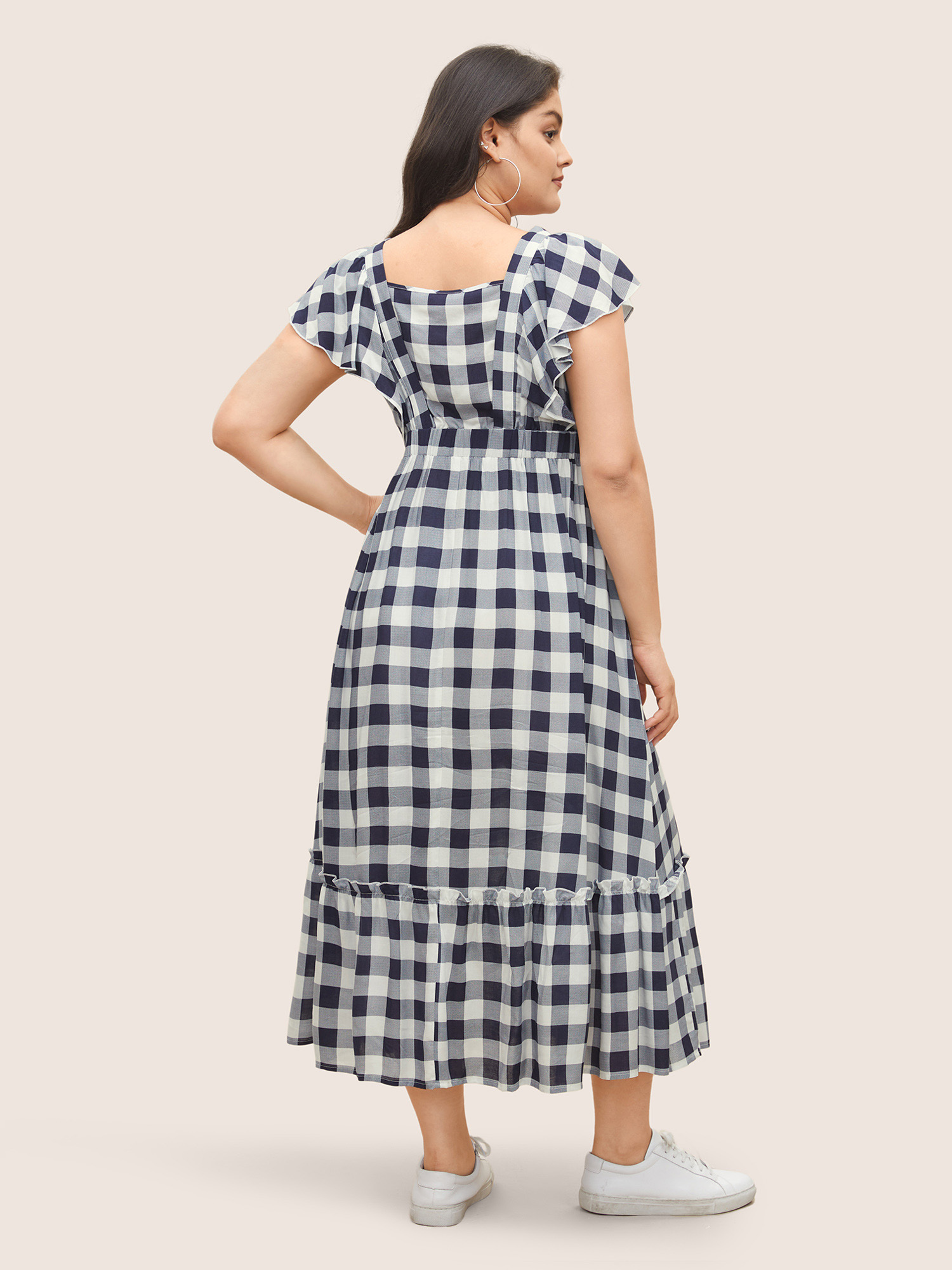 

Plus Size Plaid Elastic Waist Patchwork Ruffle Cap Sleeve Dress Blue Women Casual Non V-neck Cap Sleeve Curvy Midi Dress BloomChic