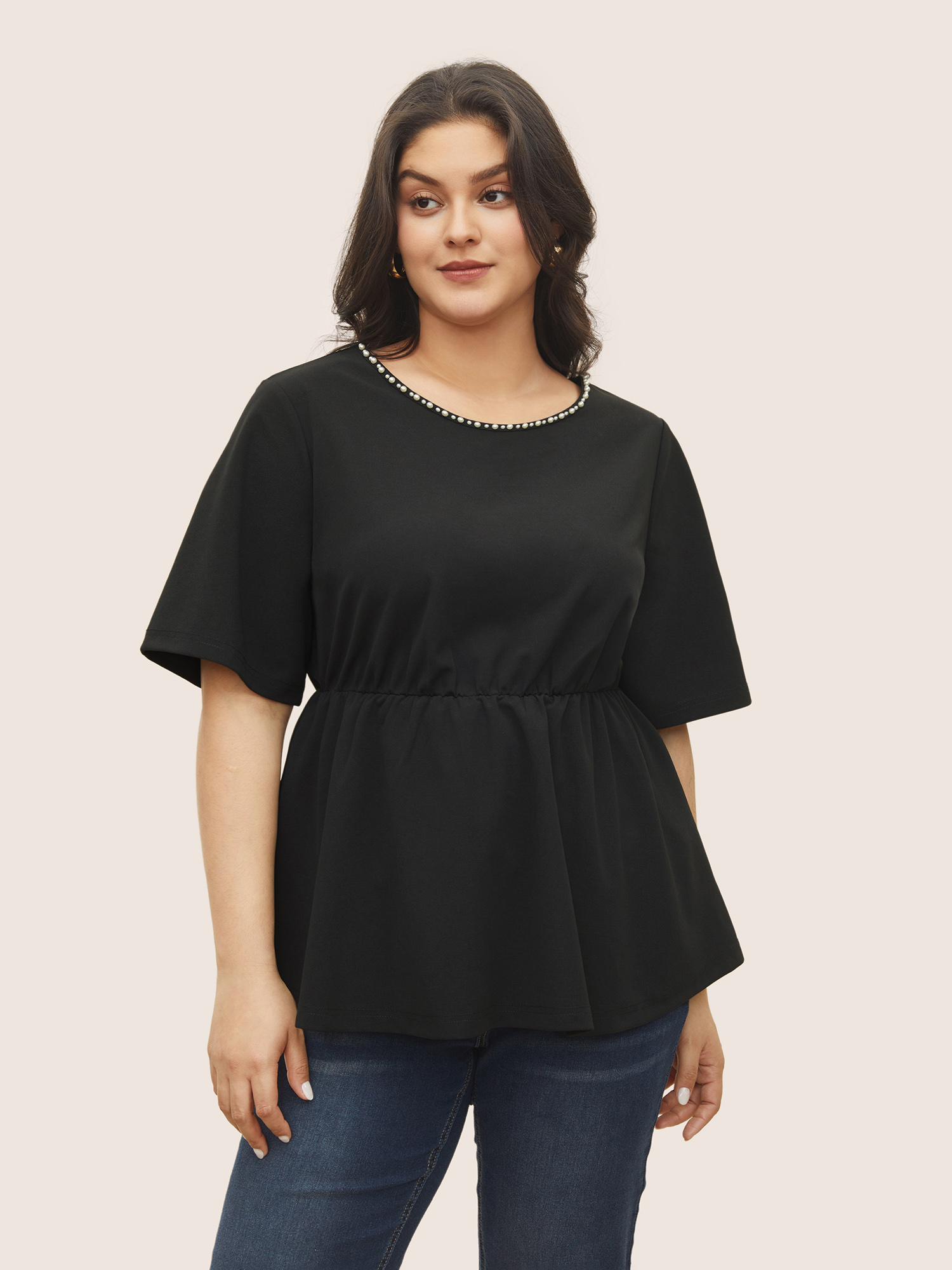 

Plus Size Black Pearl Beaded Gathered Elastic Waist Blouse Women Elegant Short sleeve Round Neck Everyday Blouses BloomChic