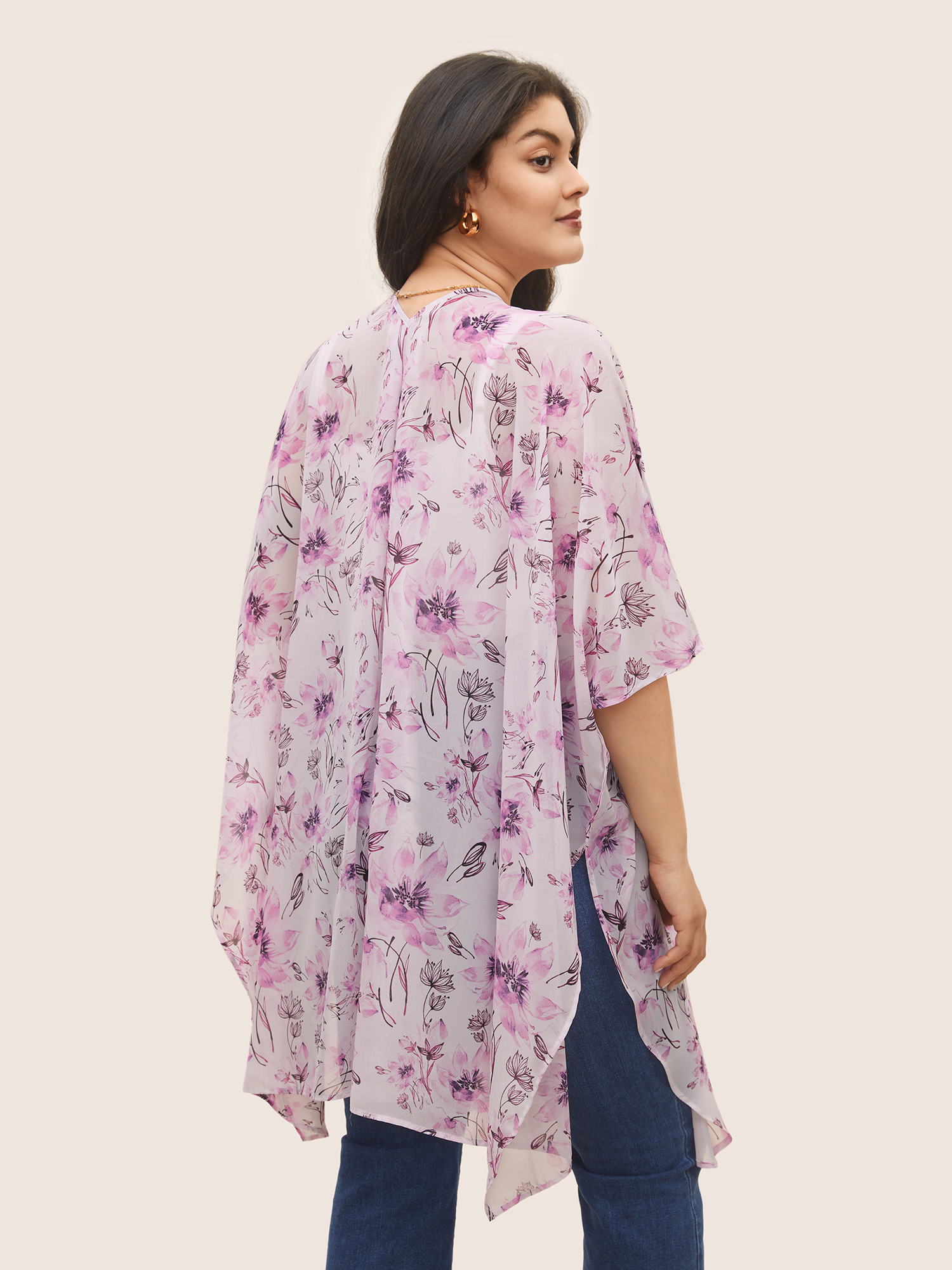 

Plus Size Floral Mesh Split Side Asymmetrical Hem Kimono Women Lavender Elegant See through Everyday Kimonos BloomChic