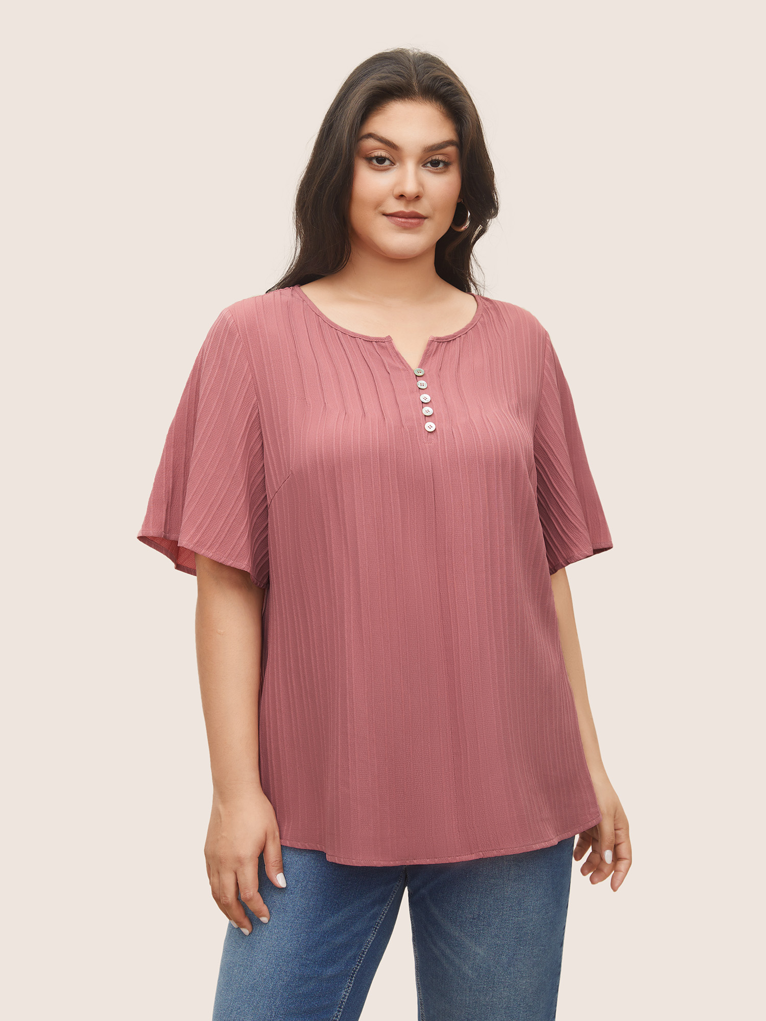

Plus Size DustyPink Plain Texture Notched Pleated Button Detail Blouse Women Casual Short sleeve Notched collar Everyday Blouses BloomChic