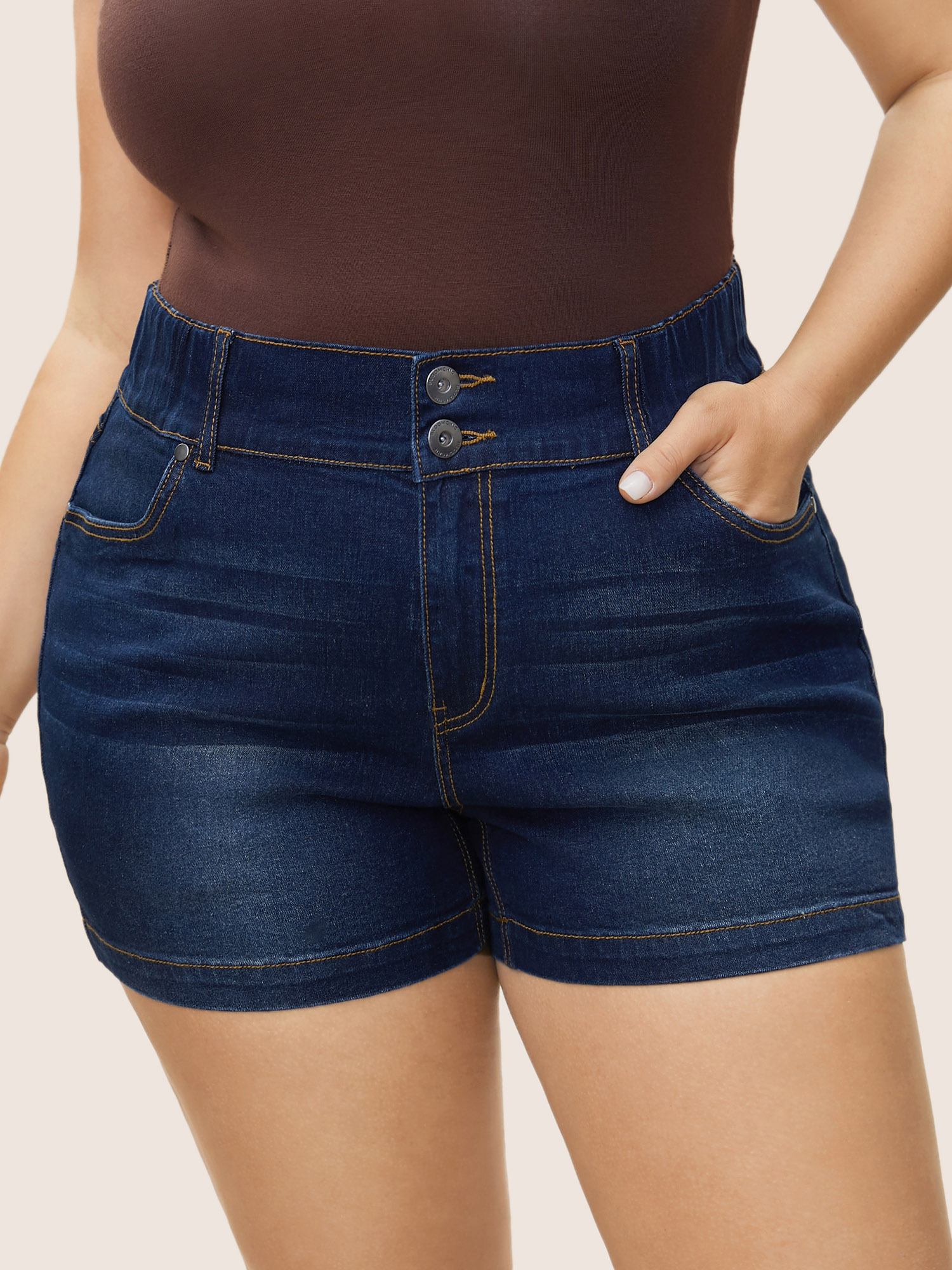 

Plus Size Dark Wash Elastic Waist Skinny Denim Shorts Women Indigo Non High stretch Everyday Slanted pocket Casual Denim Shorts BloomChic