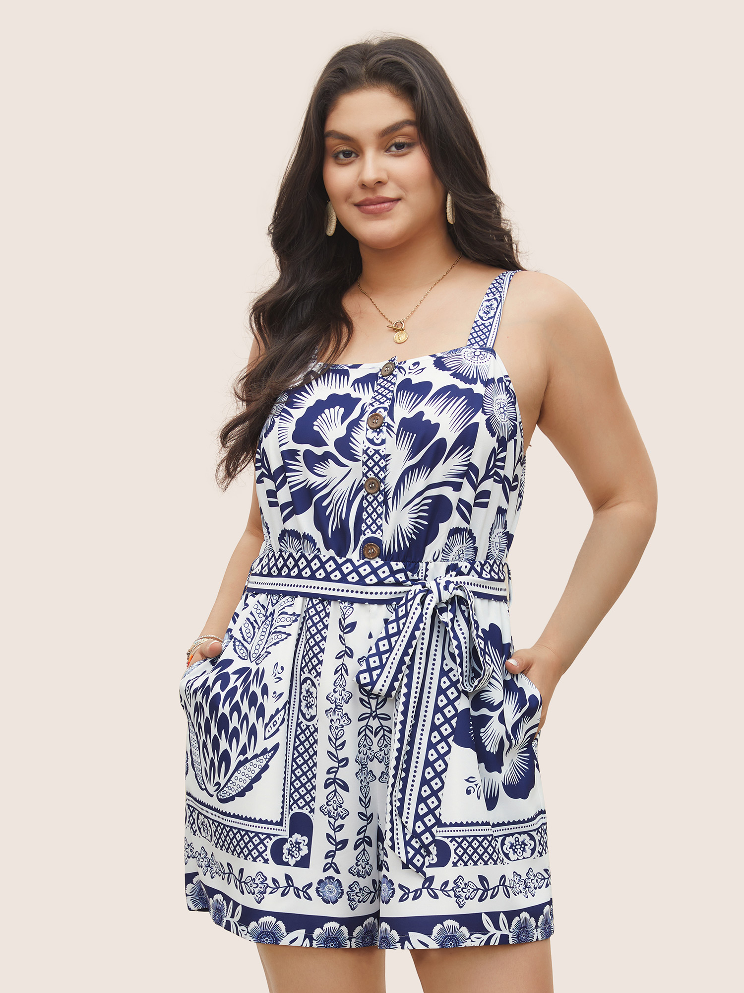 

Plus Size Boho Print Belted Button Detail Romper Blue Bohemian Print Side seam pocket Resort Vacation  Rompers Bloomchic