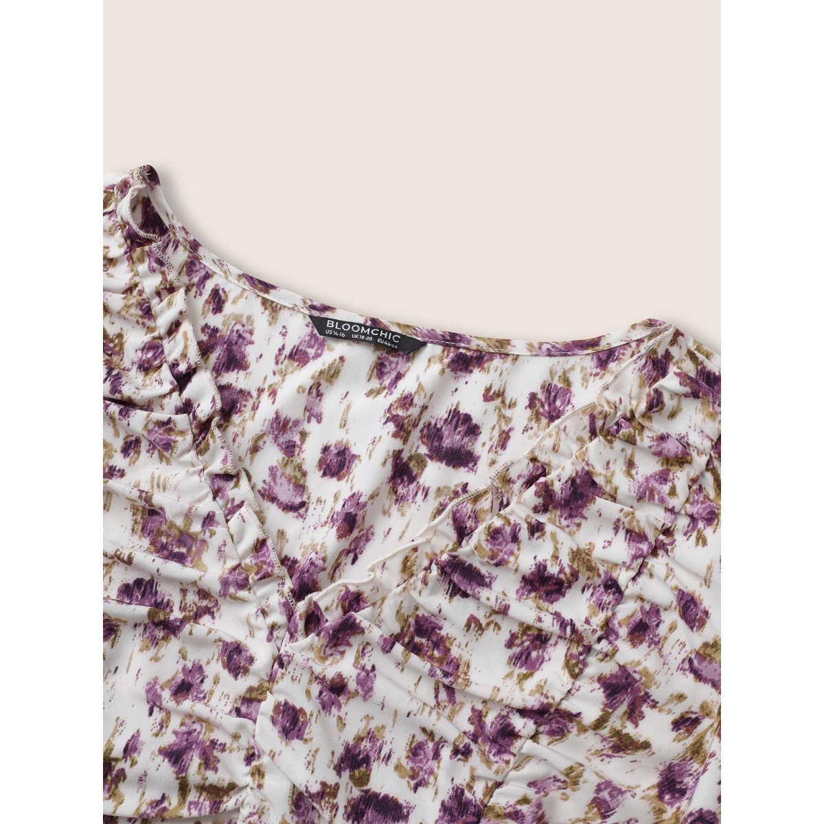

Plus Size Mauve Pixel Flower Ruched Ruffle Trim Blouse Women Elegant Short sleeve V-neck Everyday Blouses BloomChic