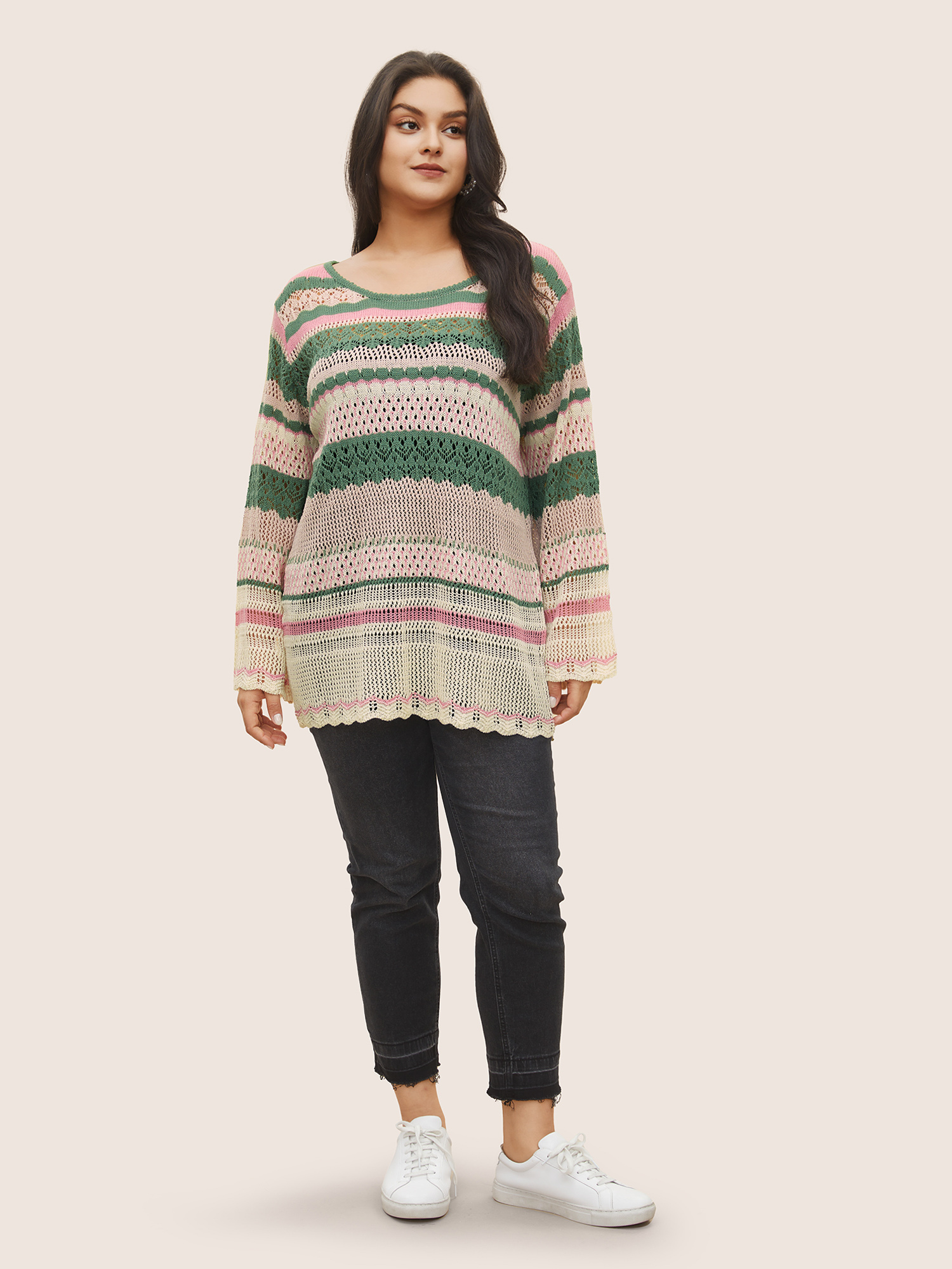 Plus Size Contrast Striped Cut Out Bell Sleeve Pullover Emerald Long Sleeve Round Neck Casual Knit Tops 22-24/3X Bloomchic 