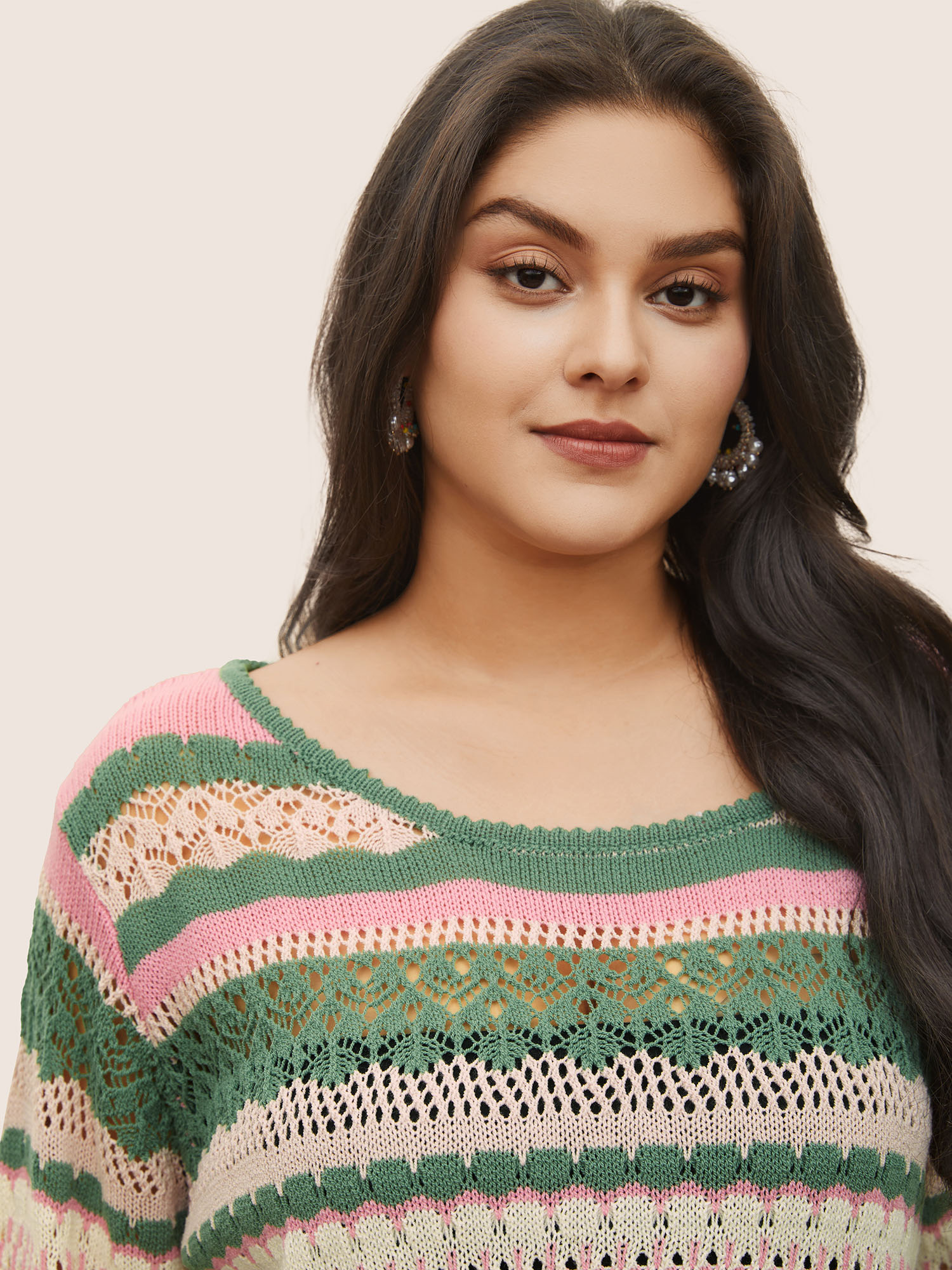 Plus Size Contrast Striped Cut Out Bell Sleeve Pullover Emerald Long Sleeve Round Neck Casual Knit Tops 22-24/3X Bloomchic 