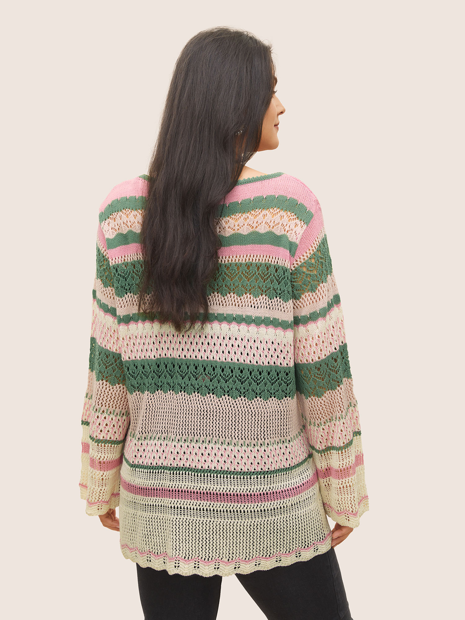 Plus Size Contrast Striped Cut Out Bell Sleeve Pullover Emerald Long Sleeve Round Neck Casual Knit Tops 22-24/3X Bloomchic 