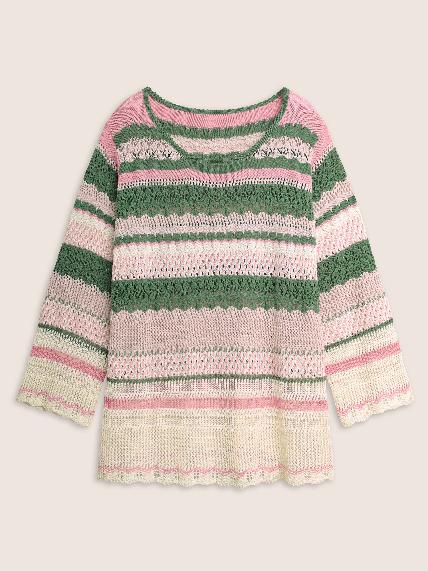 Plus Size Contrast Striped Cut Out Bell Sleeve Pullover Emerald Long Sleeve Round Neck Casual Knit Tops 22-24/3X Bloomchic 