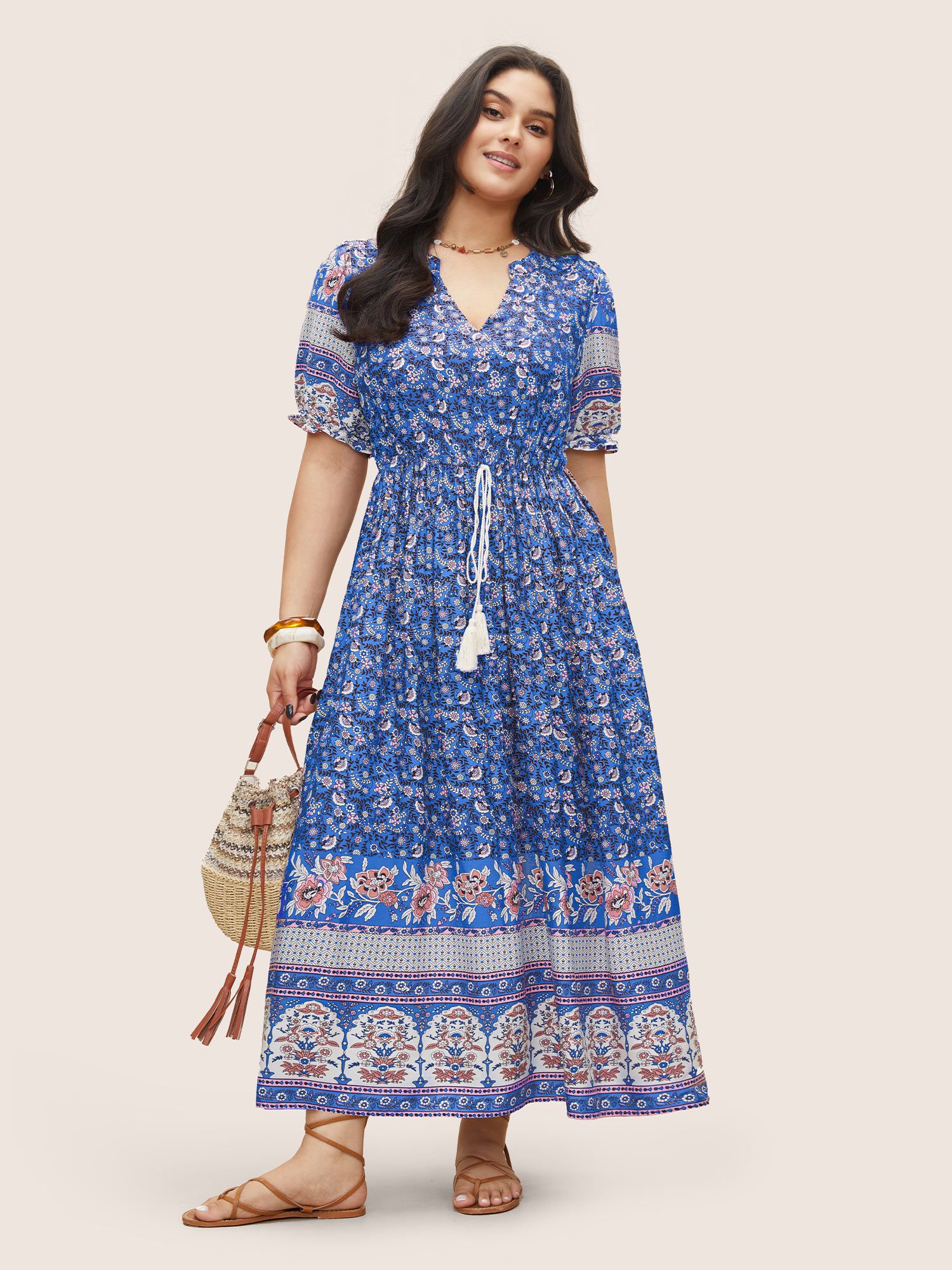 BloomChic Women's Plus Size Boho Print Notched Ties Tassel Trim Dress Blue Floral Maxi Vacation Tassels 10/M