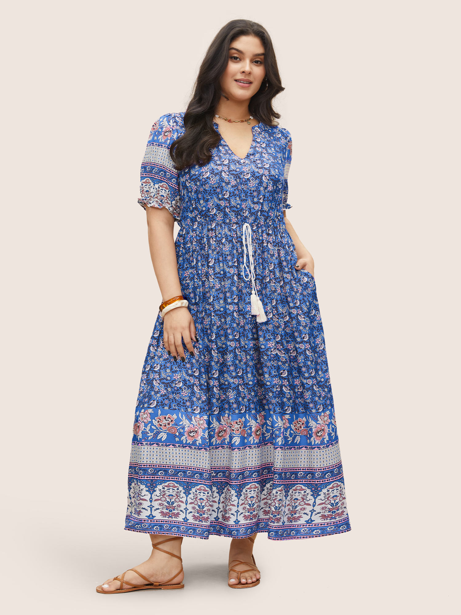 

Plus Size Boho Print Notched Ties Tassel Trim Dress Blue Women Resort Non Notched collar Short sleeve Curvy BloomChic