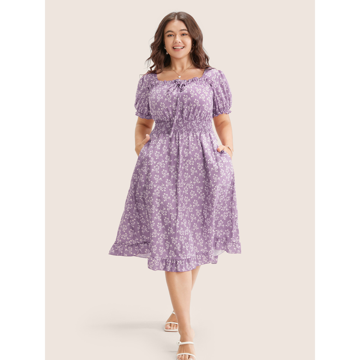 

Plus Size Ditsy Floral Shirred Ties Square Neck Frill Trim Puff Sleeve Dress Mauve Women Non Curvy Knee Dress BloomChic