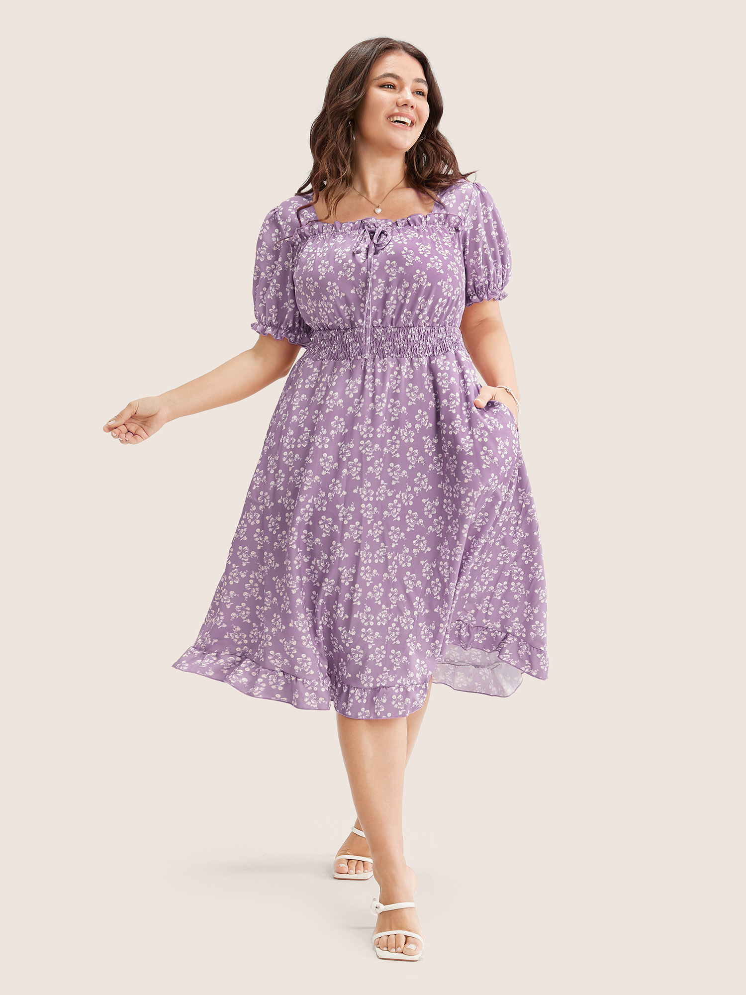 

Plus Size Ditsy Floral Shirred Ties Square Neck Frill Trim Puff Sleeve Dress Mauve Women Non Square Neck Short sleeve Curvy Knee Dress BloomChic