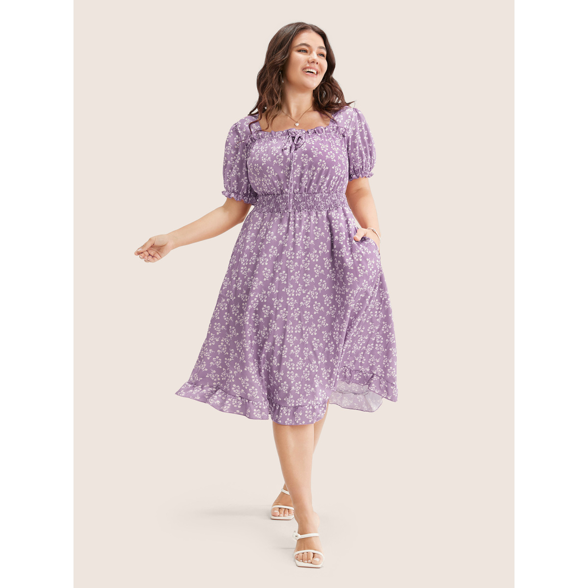 

Plus Size Ditsy Floral Shirred Ties Square Neck Frill Trim Puff Sleeve Dress Mauve Women Non Curvy Knee Dress BloomChic