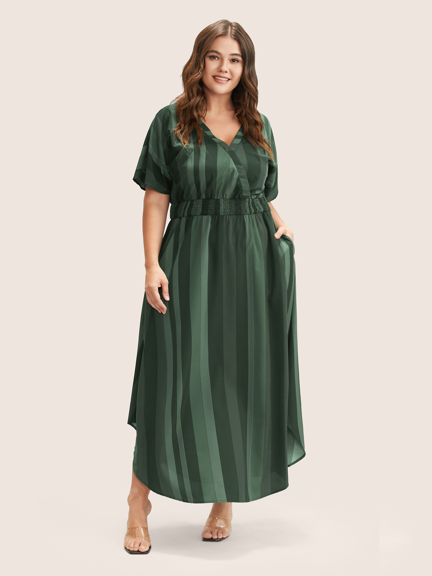 

Striped Patchwork Plus Size Women Elegant Dress Regular Dolman Half Sleeve V Neck Pocket Vacation Dresses BloomChic, Green