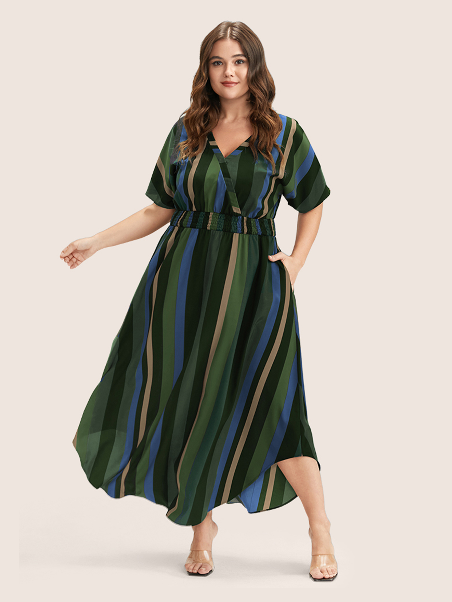 

Striped Patchwork Plus Size Women Elegant Dress Regular Dolman Half Sleeve V Neck Pocket Vacation Dresses BloomChic, Moss