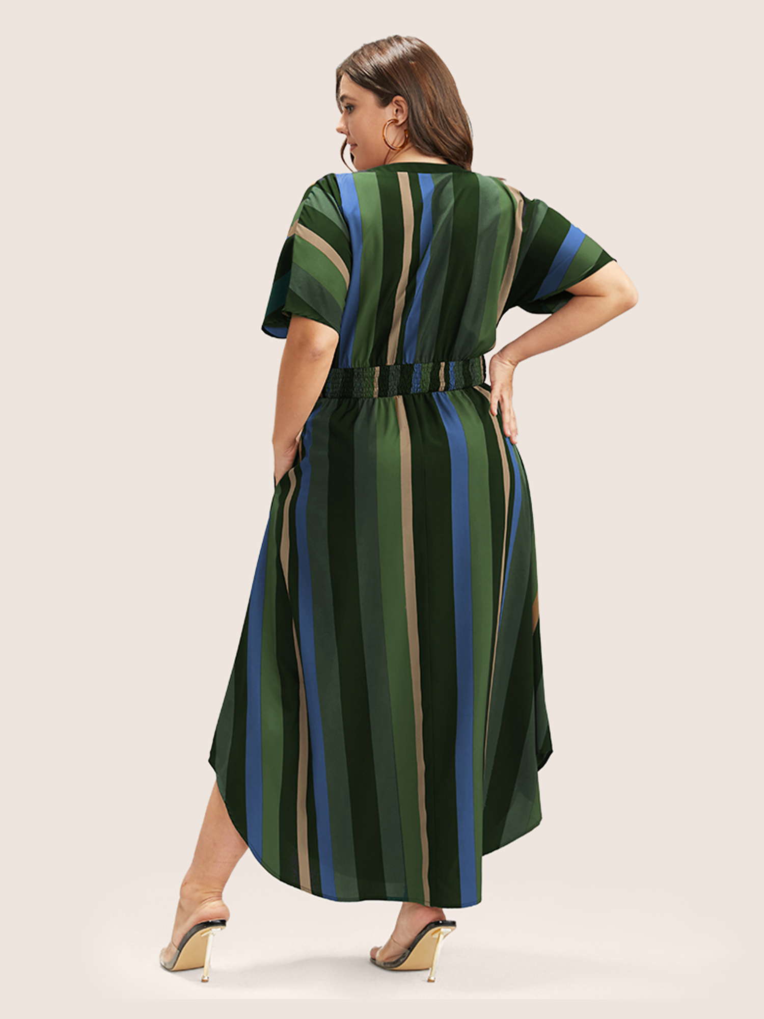 Striped Patchwork Plus Size Women Elegant Dress Regular Dolman Half Sleeve V Neck Pocket Vacation Dresses BloomChic 