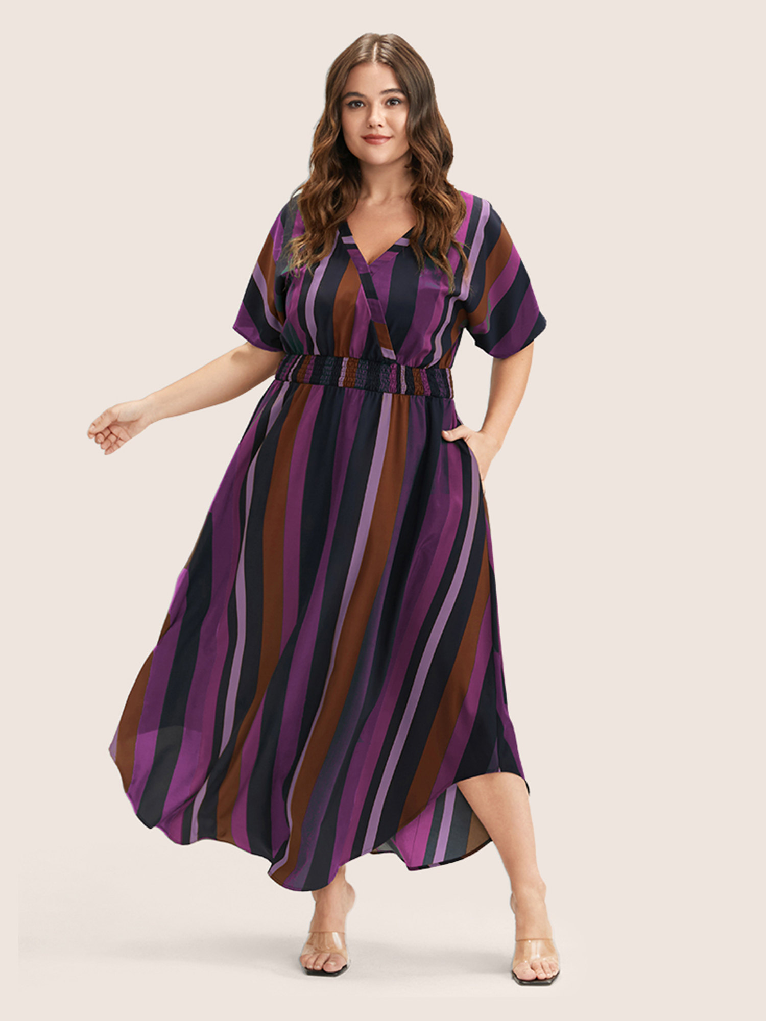 

Striped Patchwork Plus Size Women Elegant Dress Regular Dolman Half Sleeve V Neck Pocket Vacation Dresses BloomChic, Redviolet