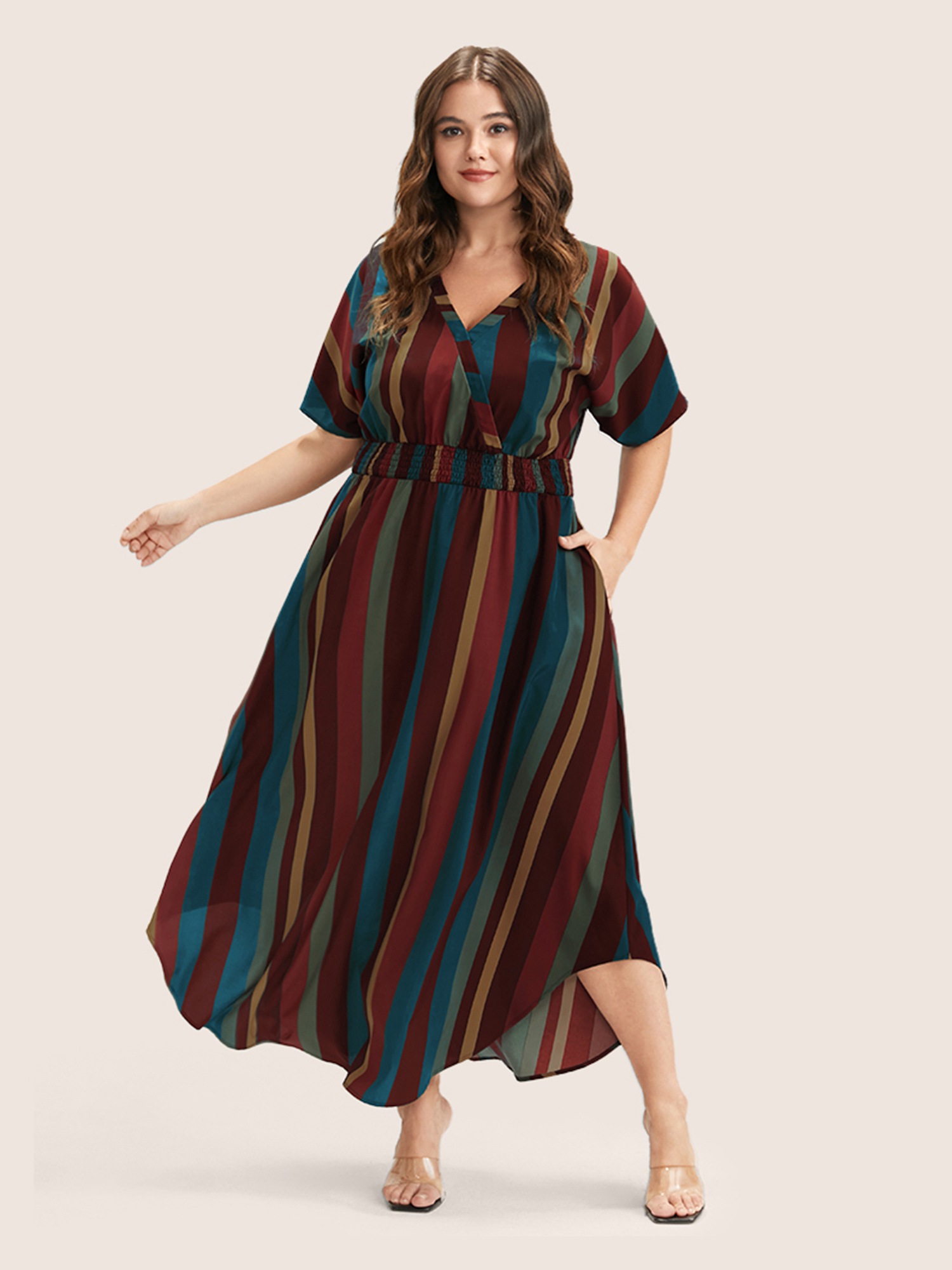 

Striped Patchwork Plus Size Women Elegant Dress Regular Dolman Half Sleeve V Neck Pocket Vacation Dresses BloomChic, Cerulean