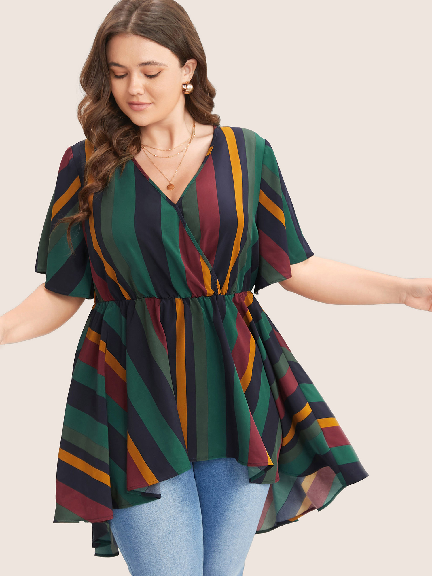 

Striped Elastic Waist Plus Size Women Blouses Vacation Multicolor Bodycon Ruffle Sleeve Short Sleeve V Neck Dailywear Blouses BloomChic