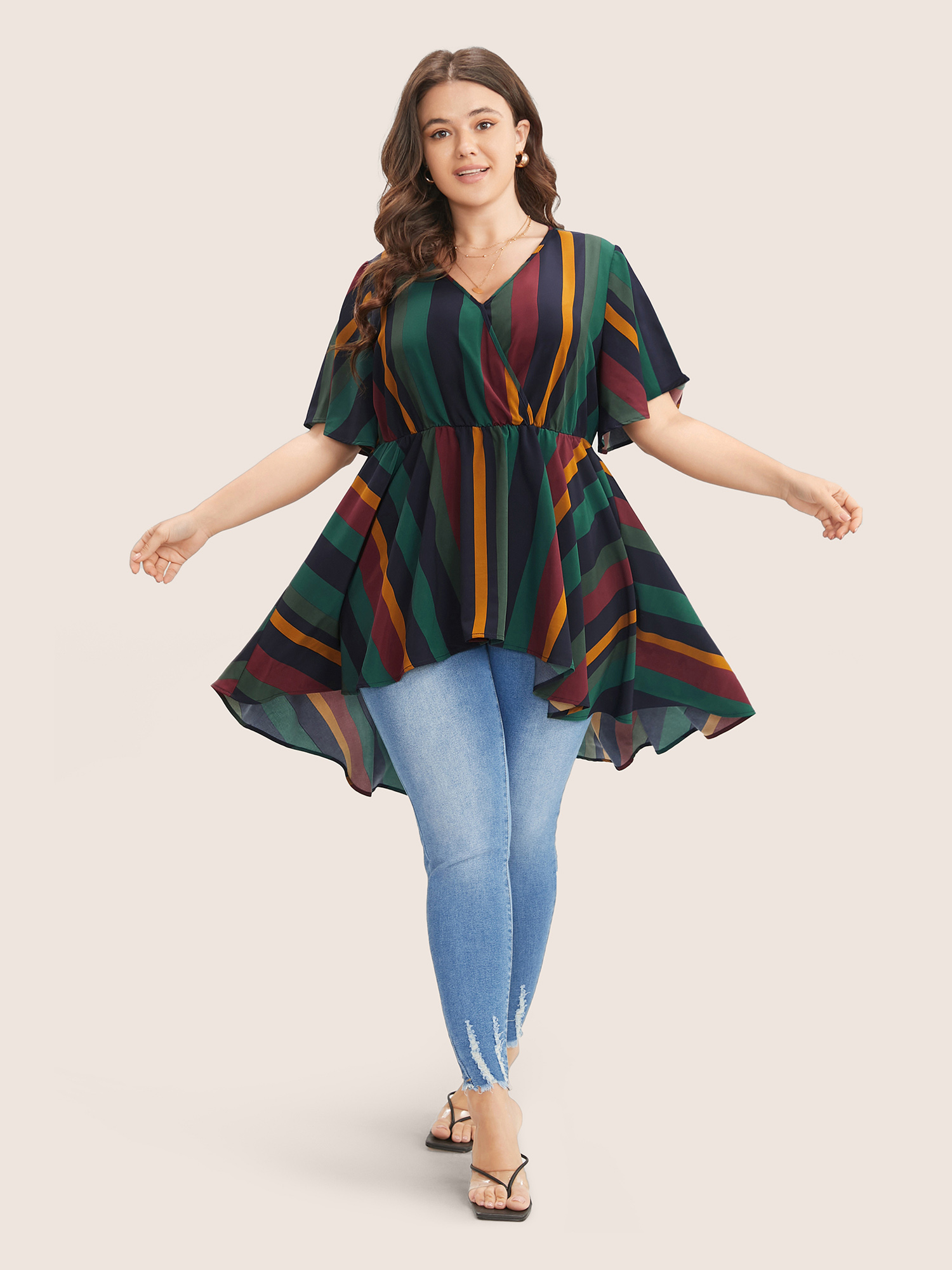 

Striped Elastic Waist Plus Size Women Blouses Vacation Multicolor Bodycon Ruffle Sleeve Short Sleeve V Neck Dailywear Blouses BloomChic