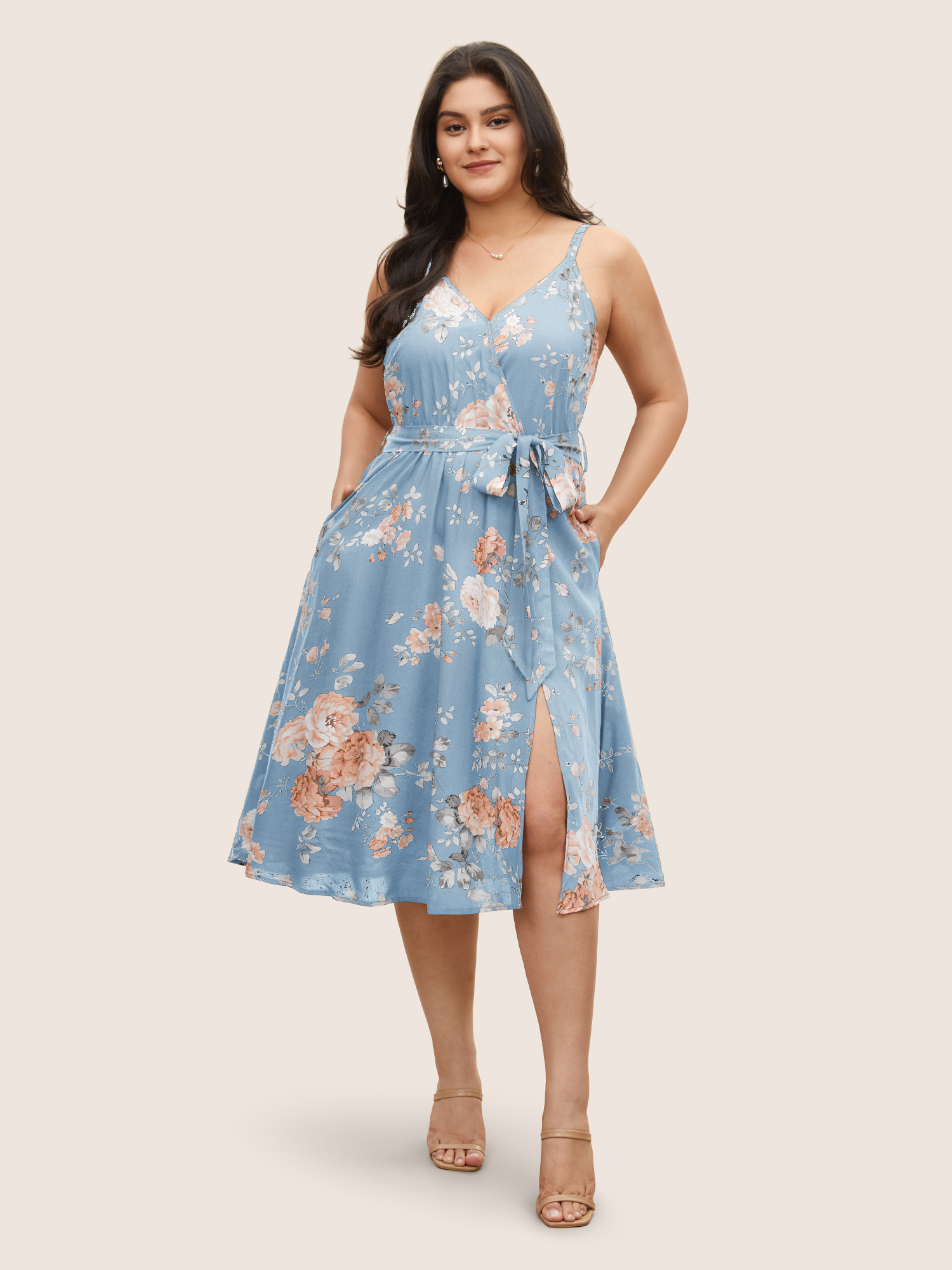 

Plus Size Floral Wrap Elastic Waist Belted Sleeveless Dress LightBlue Women Elegant Non Spaghetti Strap Sleeveless Curvy Midi Dress BloomChic