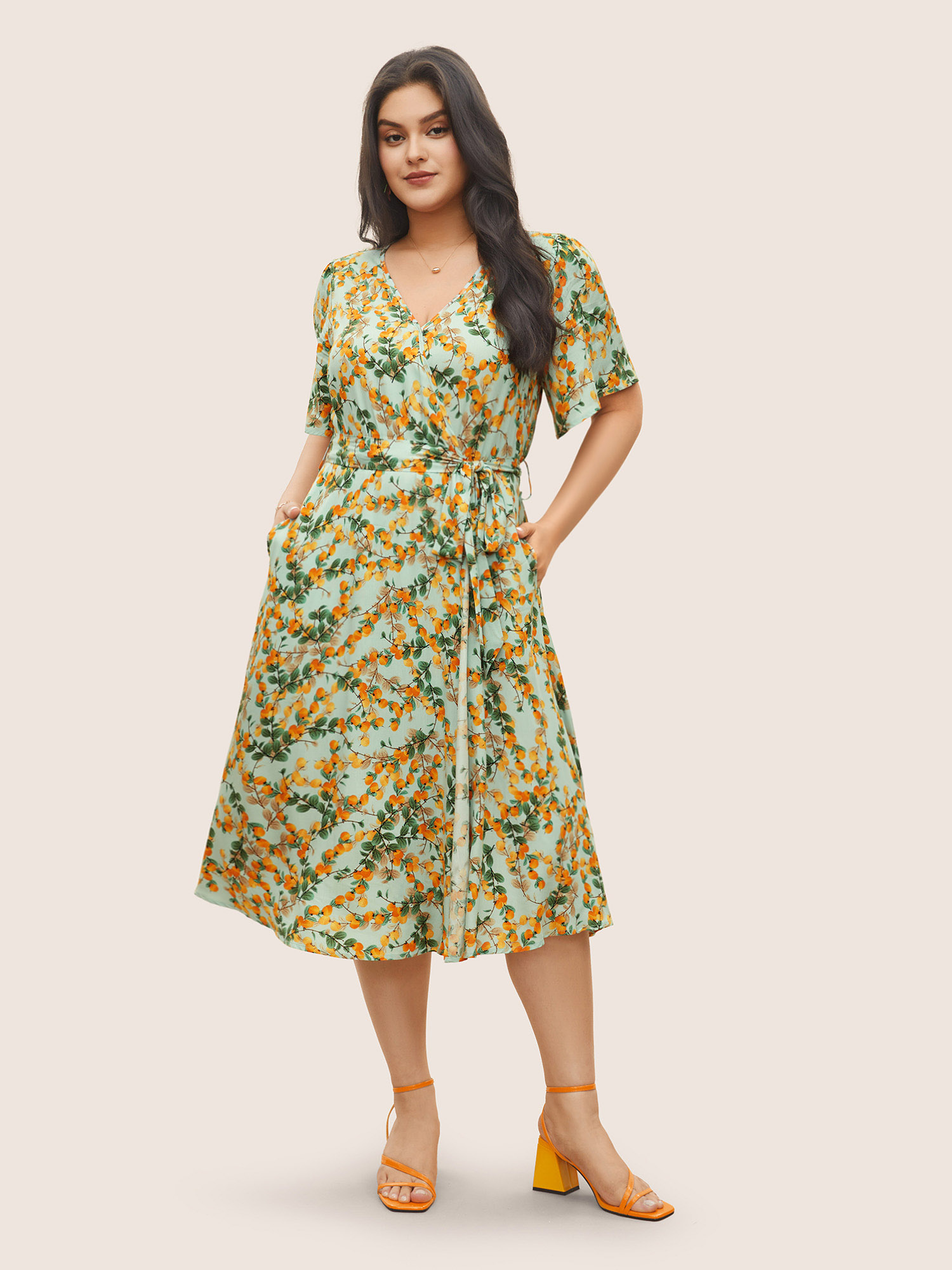 

Plus Size Citrus Fruit Print Belted Flutter Sleeve Wrap Dress Mint Women Elegant Non Overlap Collar Short sleeve Curvy Midi Dress BloomChic