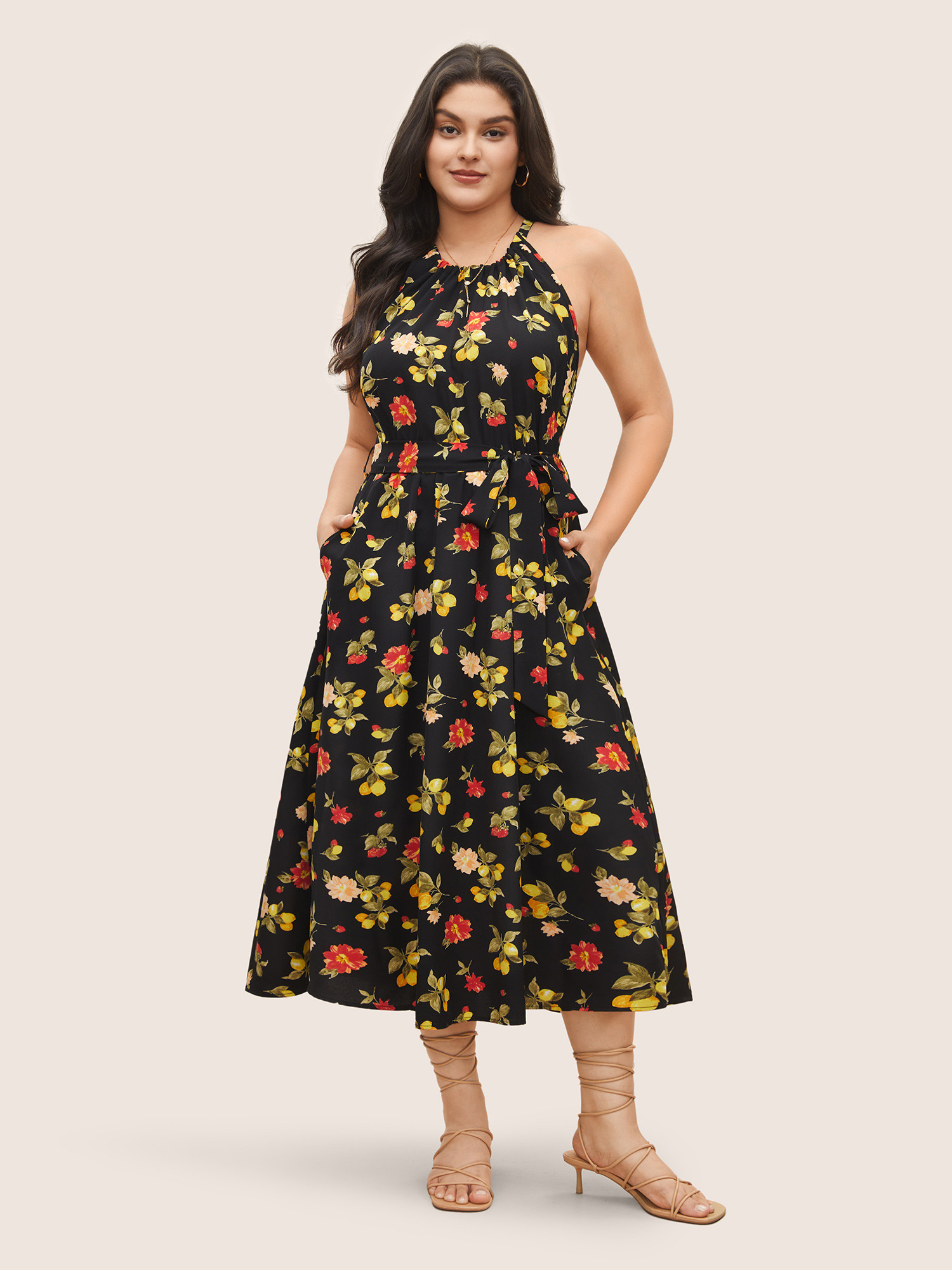 

Plus Size Citrus Lemon & Floral Print Belted Halter Dress Black Women Elegant Non Halter neck Sleeveless Curvy Midi Dress BloomChic