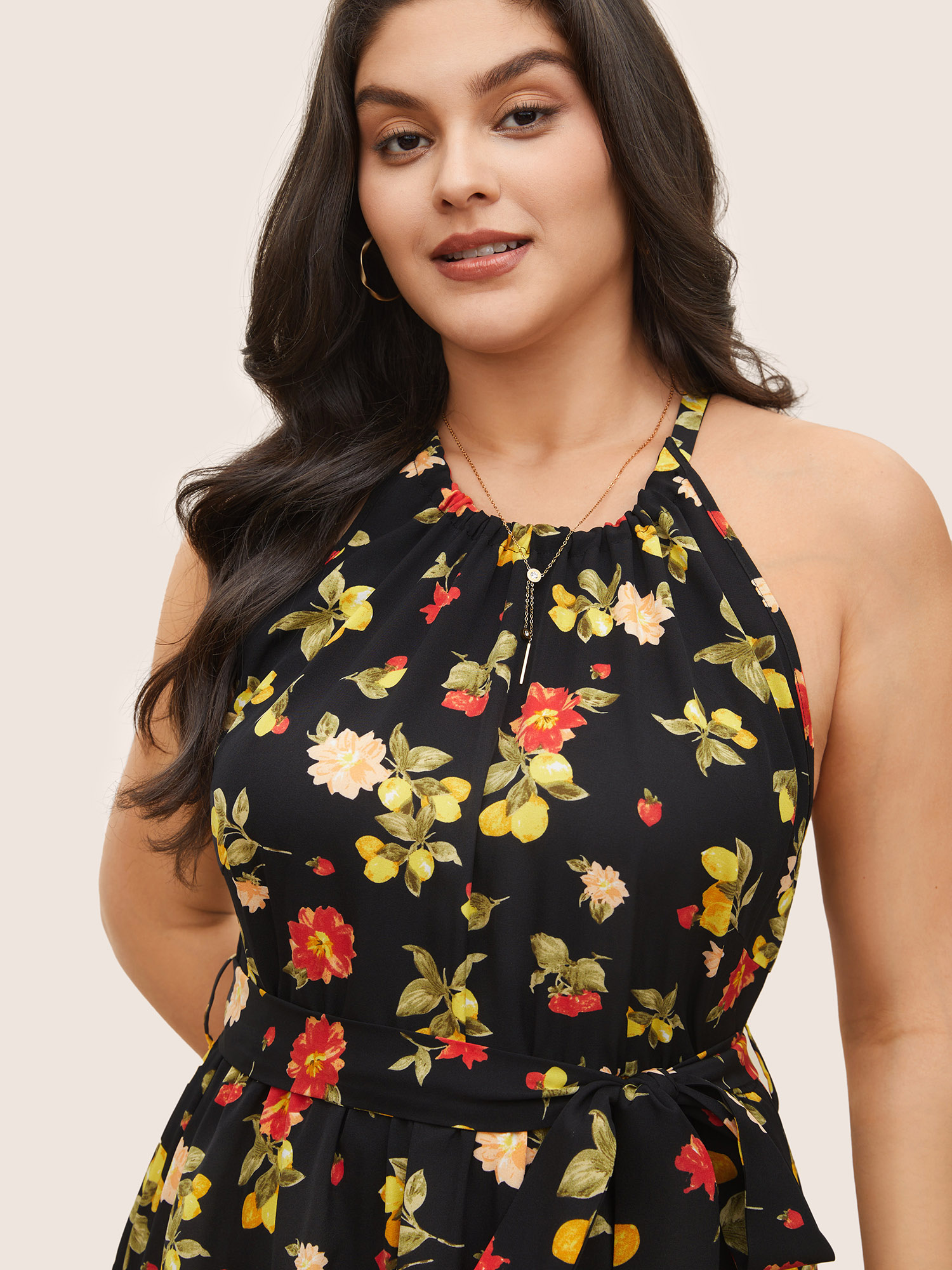 

Plus Size Citrus Lemon & Floral Print Belted Halter Dress Black Women Elegant Non Halter neck Sleeveless Curvy Midi Dress BloomChic