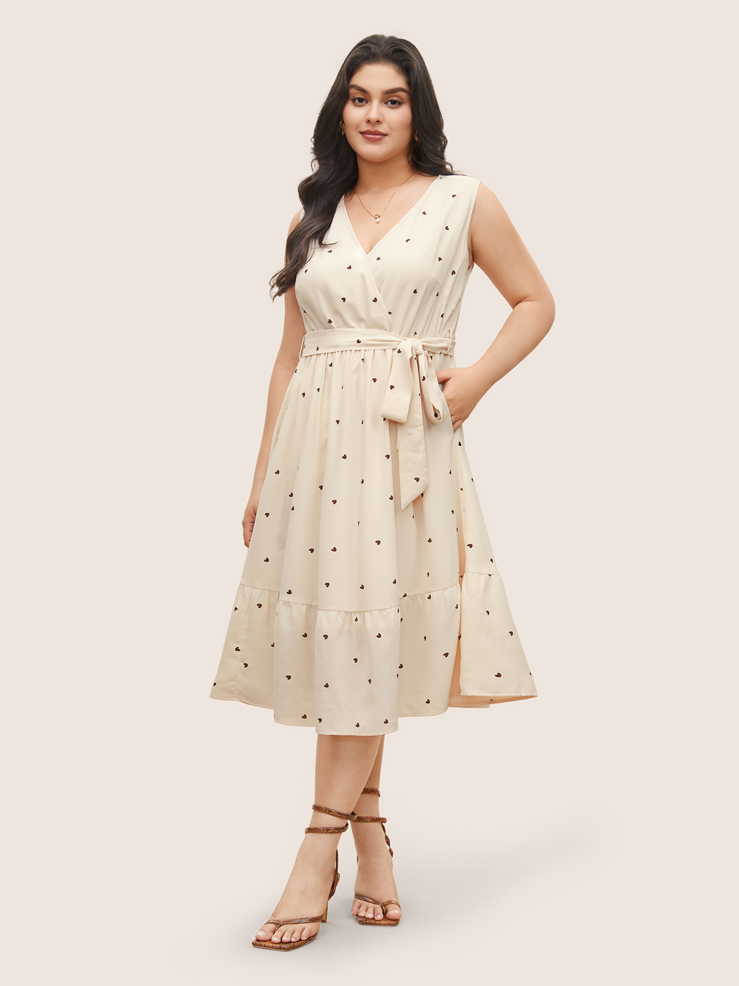 

Plus Size Heart Print Surplice Neck Patchwork Flutter Hem Dress Apricot Women Elegant Non Overlap Collar Sleeveless Curvy Midi Dress BloomChic