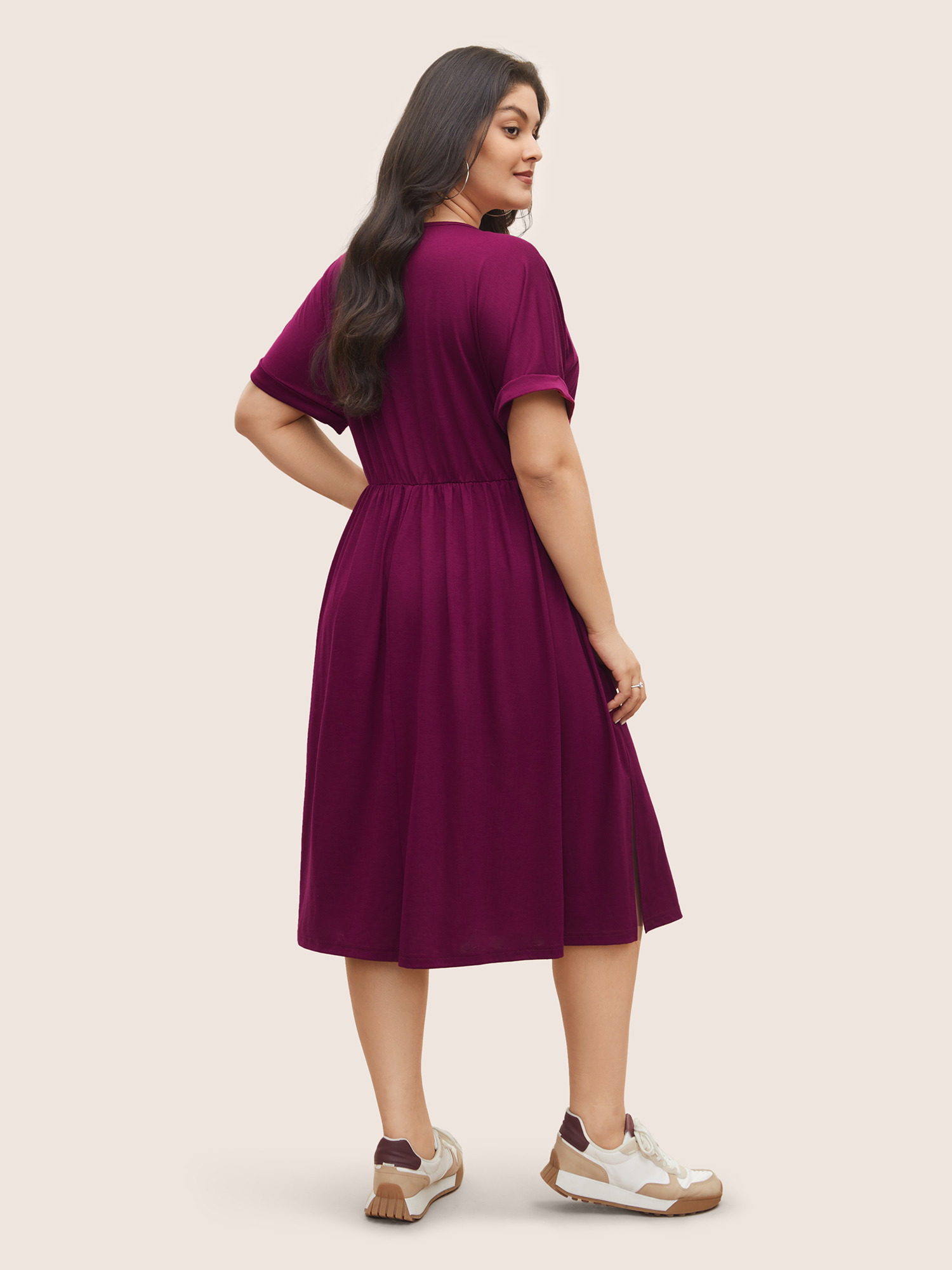 

Plus Size Supersoft Essentials Solid Pocket Cuffed Sleeve Dress RedViolet Women Non Round Neck Short sleeve Curvy Midi Dress BloomChic