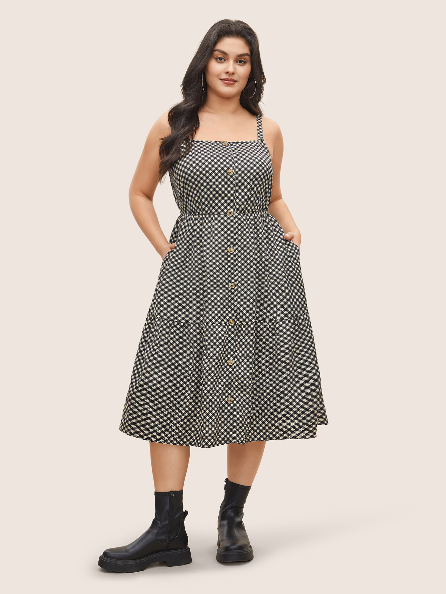 

Plus Size Gingham Button Detail Patchwork Cami Dress Black Women Casual Non Non Sleeveless Curvy Midi Dress BloomChic