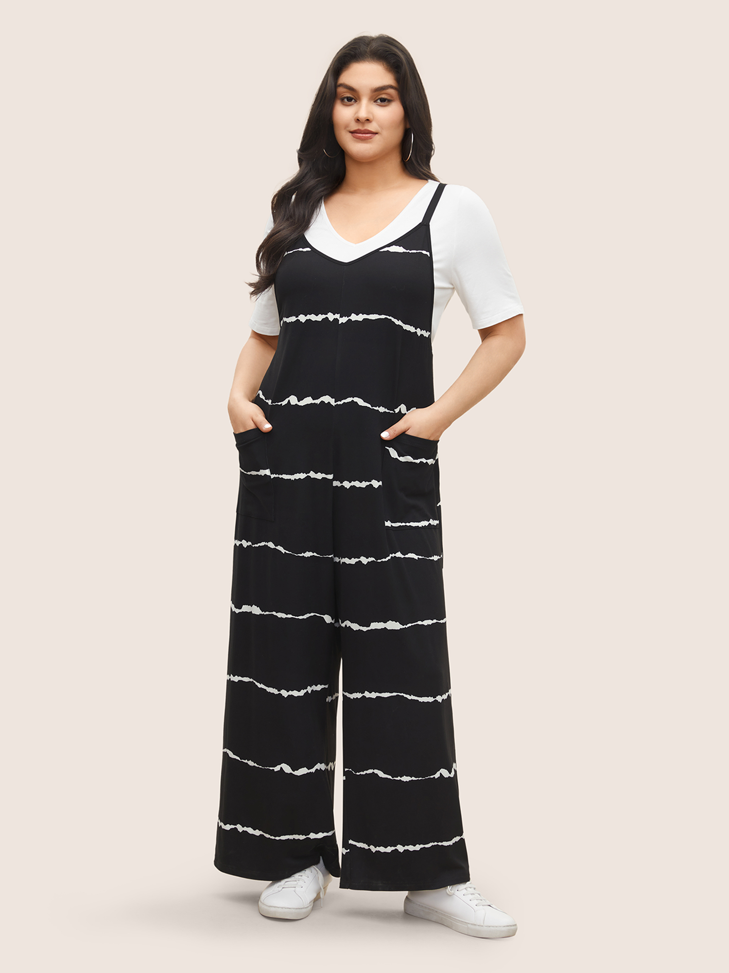

Plus Size Black Tie Dye Patched Pocket Cami Jumpsuit Women Casual V-neck Everyday Loose Jumpsuits BloomChic