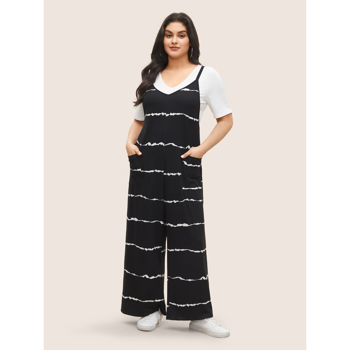 

Plus Size Black Tie Dye Patched Pocket Cami Jumpsuit Women Casual V-neck Everyday Loose Jumpsuits BloomChic