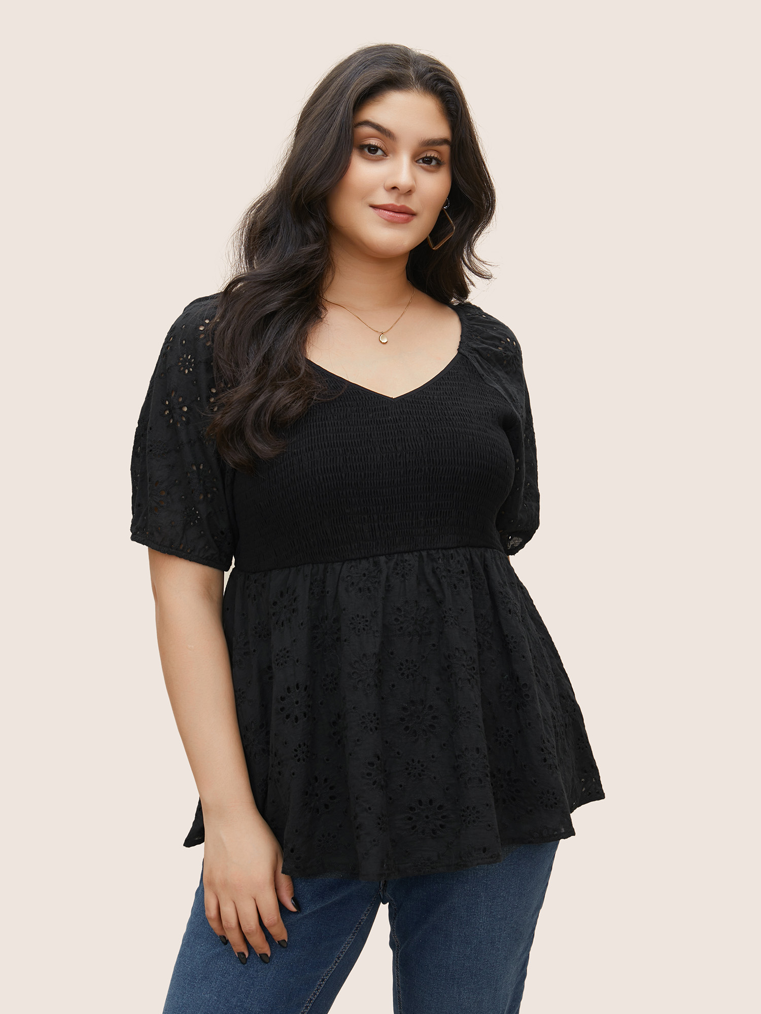 

Plus Size Black Broderie Anglaise Patchwork Lantern Sleeve Shirred Blouse Women Resort Short sleeve Square Neck Vacation Blouses BloomChic