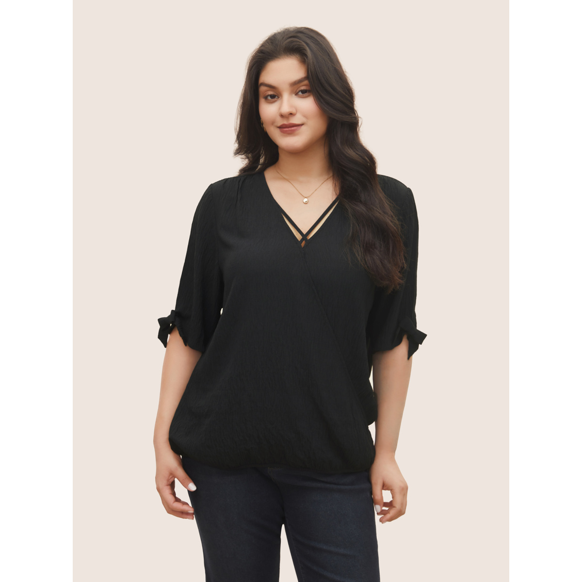 

Plus Size Black Stretchy Woven Bowknot Cut Out Gathered Crisscross Blouse Women At the Office Half Sleeve V-neck Work Blouses BloomChic