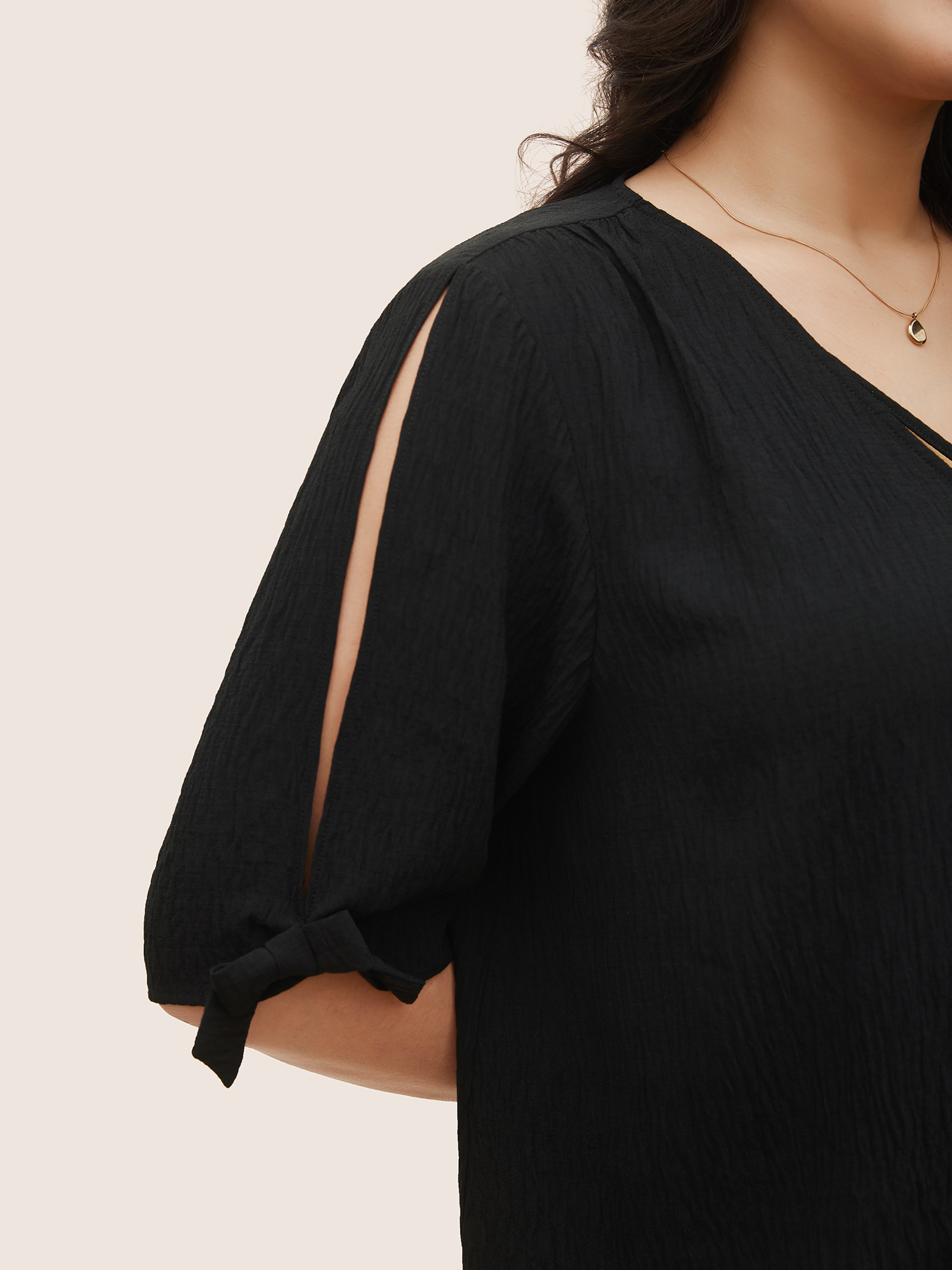 

Plus Size Black Stretchy Woven Bowknot Cut Out Gathered Crisscross Blouse Women At the Office Half Sleeve V-neck Work Blouses BloomChic