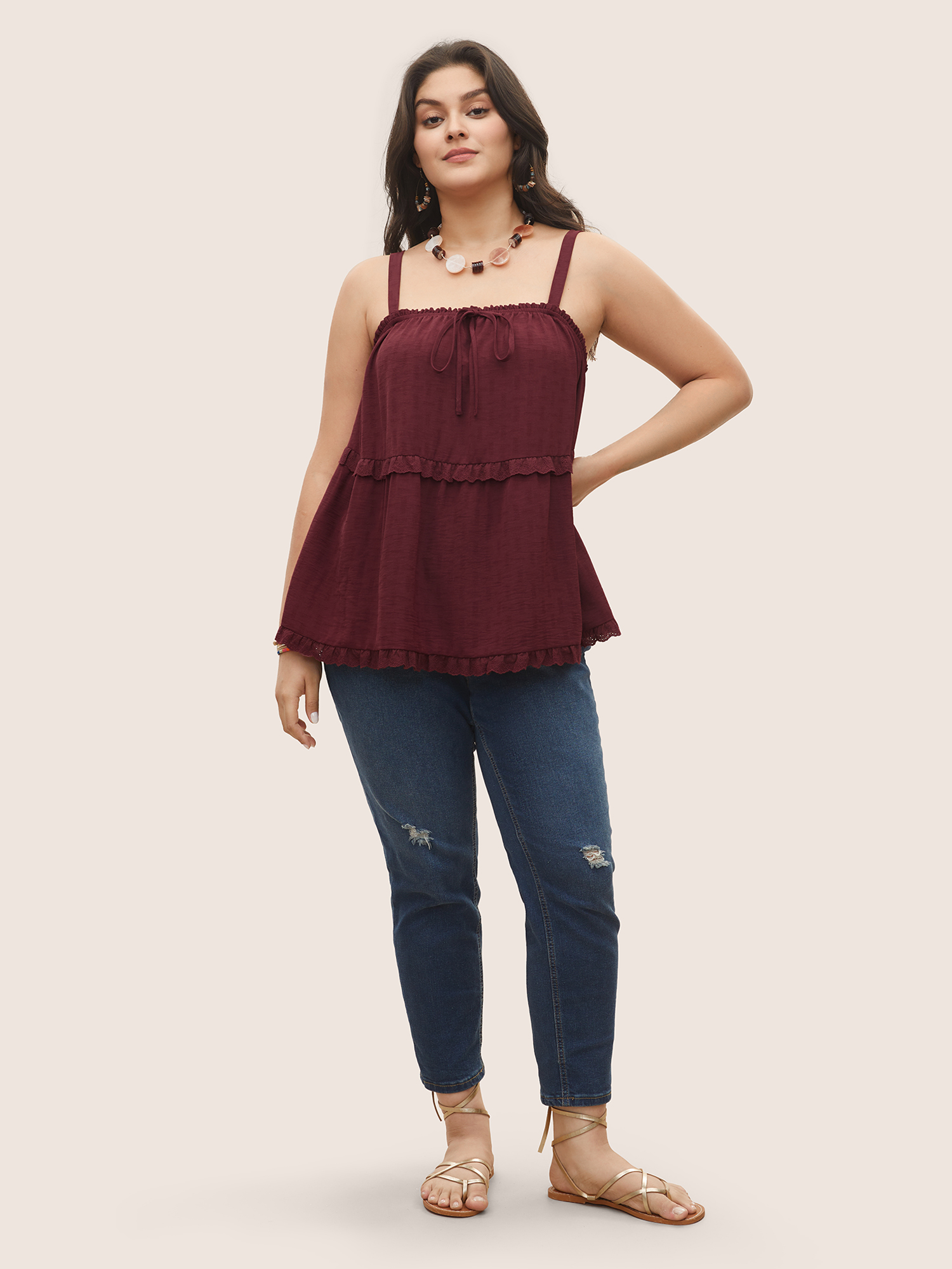 

Plus Size Solid Broderie Anglaise Lace Patchwork Ties Cami Top Women Scarlet Resort Tiered Square Neck Vacation Tank Tops Camis BloomChic